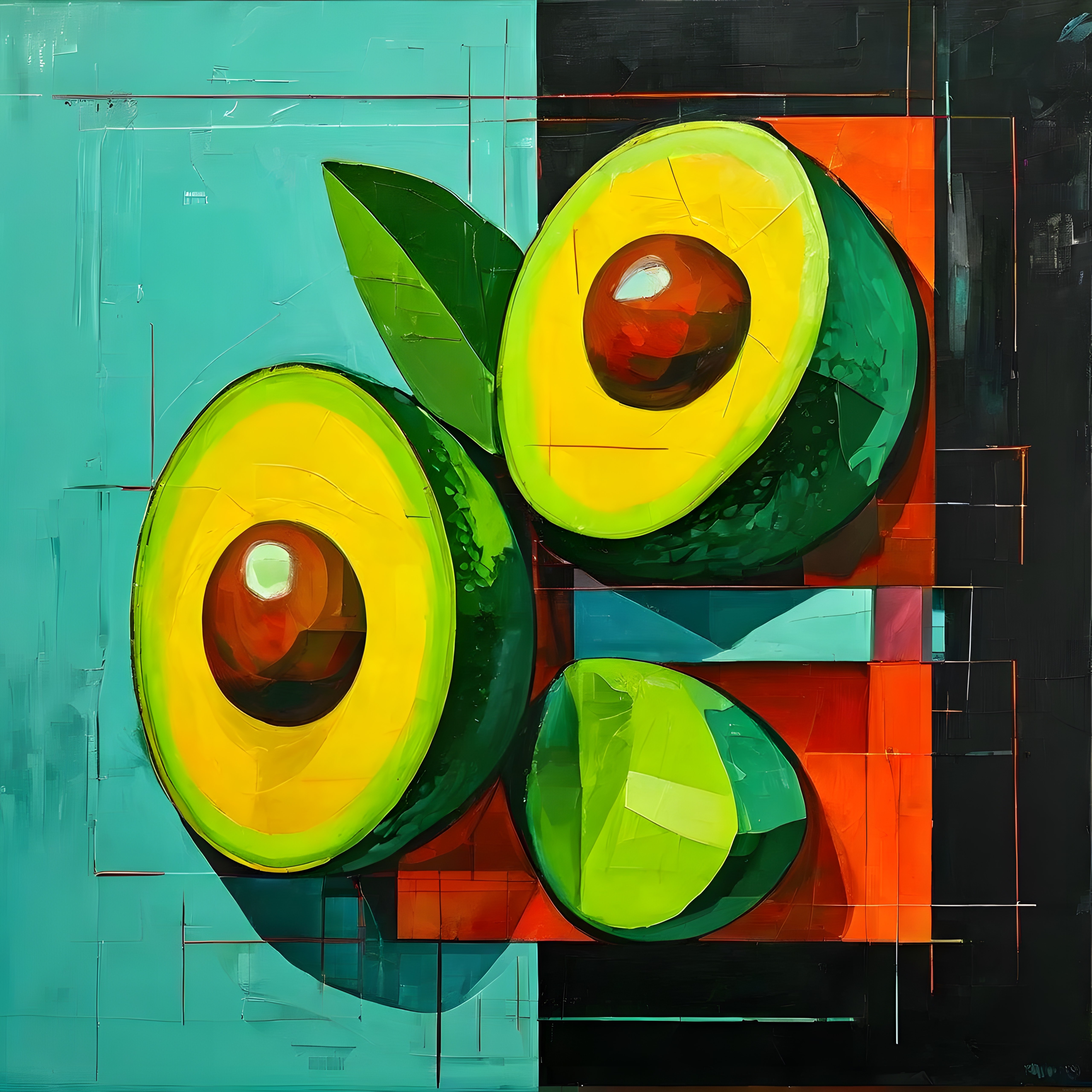 geometrik arka planda modern ve renkli avokado desenli dijital sanat eseri