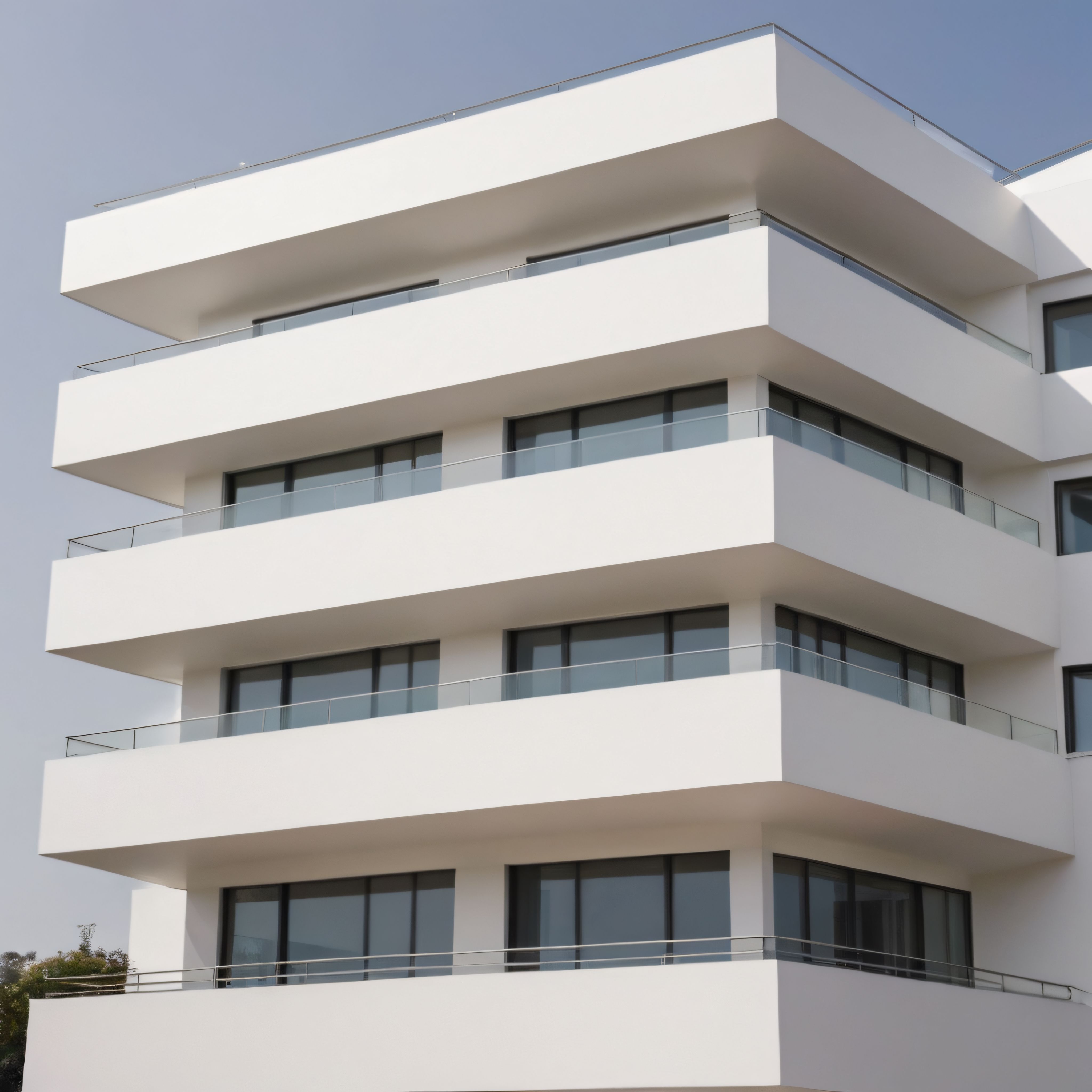 Geometrik Balkonları ve Cam Korkuluklarıyla Modern Beyaz Apartman Binası