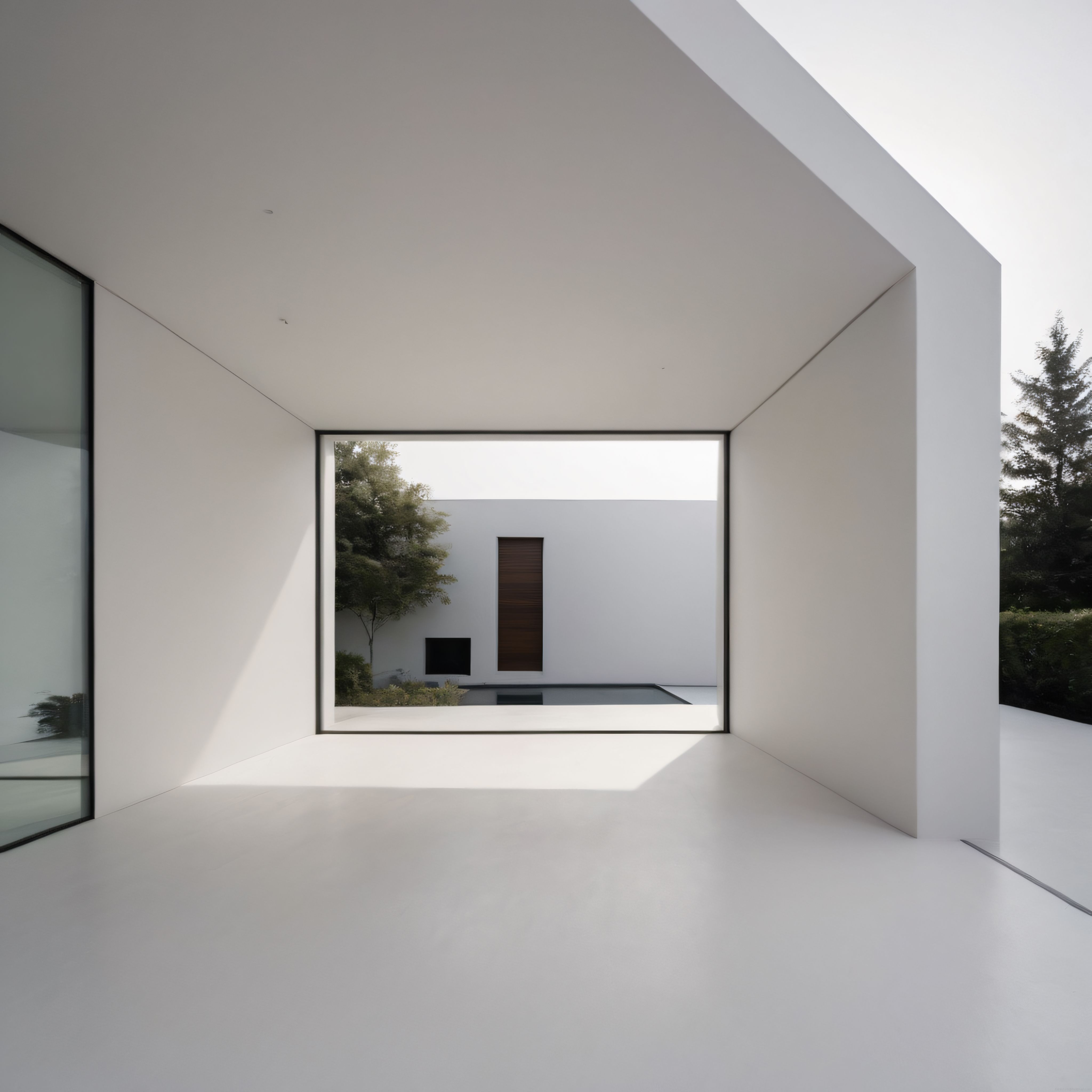 Geometrik Beyaz Duvarlar Arasında Doğal Peyzajı Çerçeveleyen Minimalist Mimari