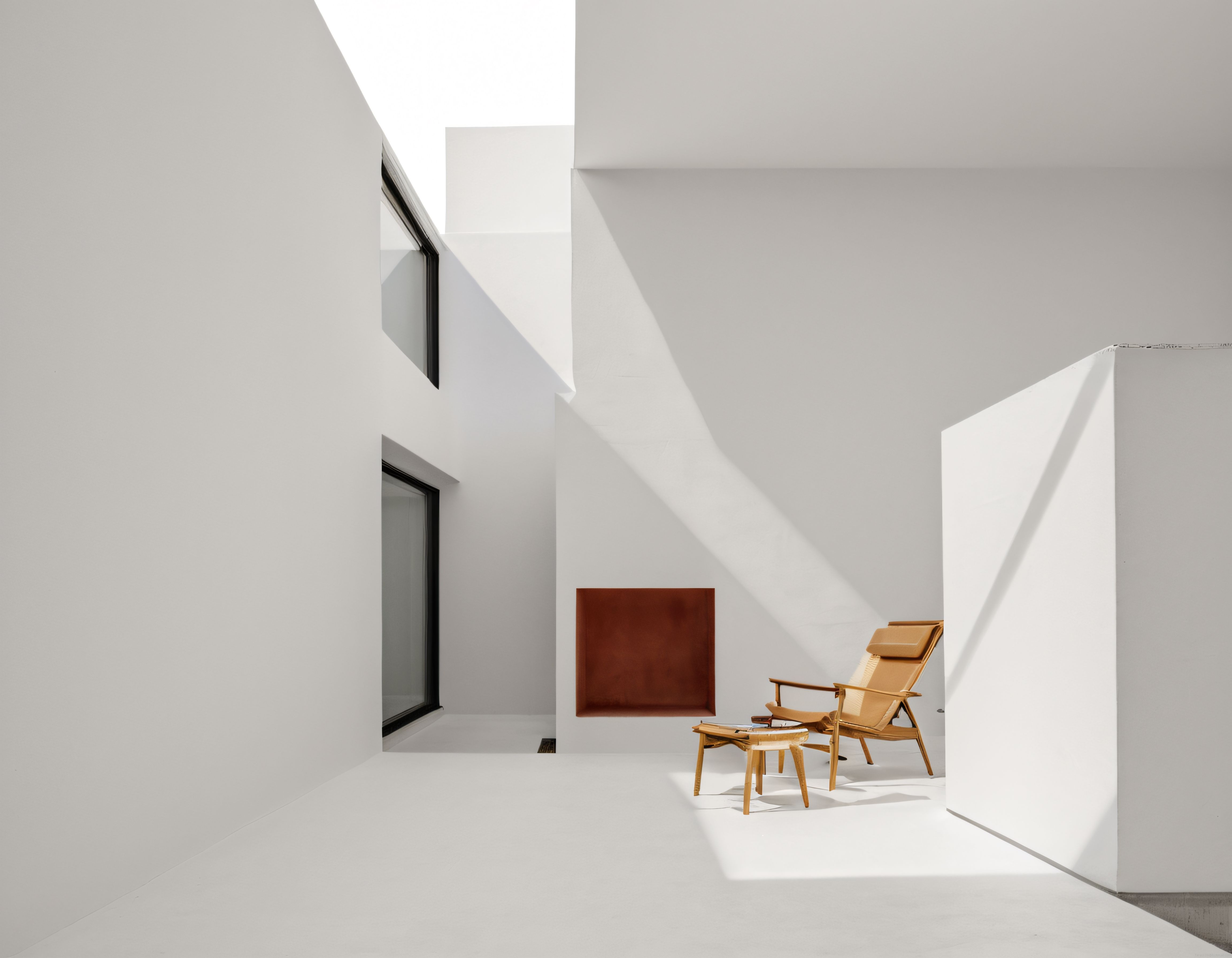 Geometrik Beyaz Duvarlar ve Ahşap Detaylarla Minimalist Yaşam Alanı