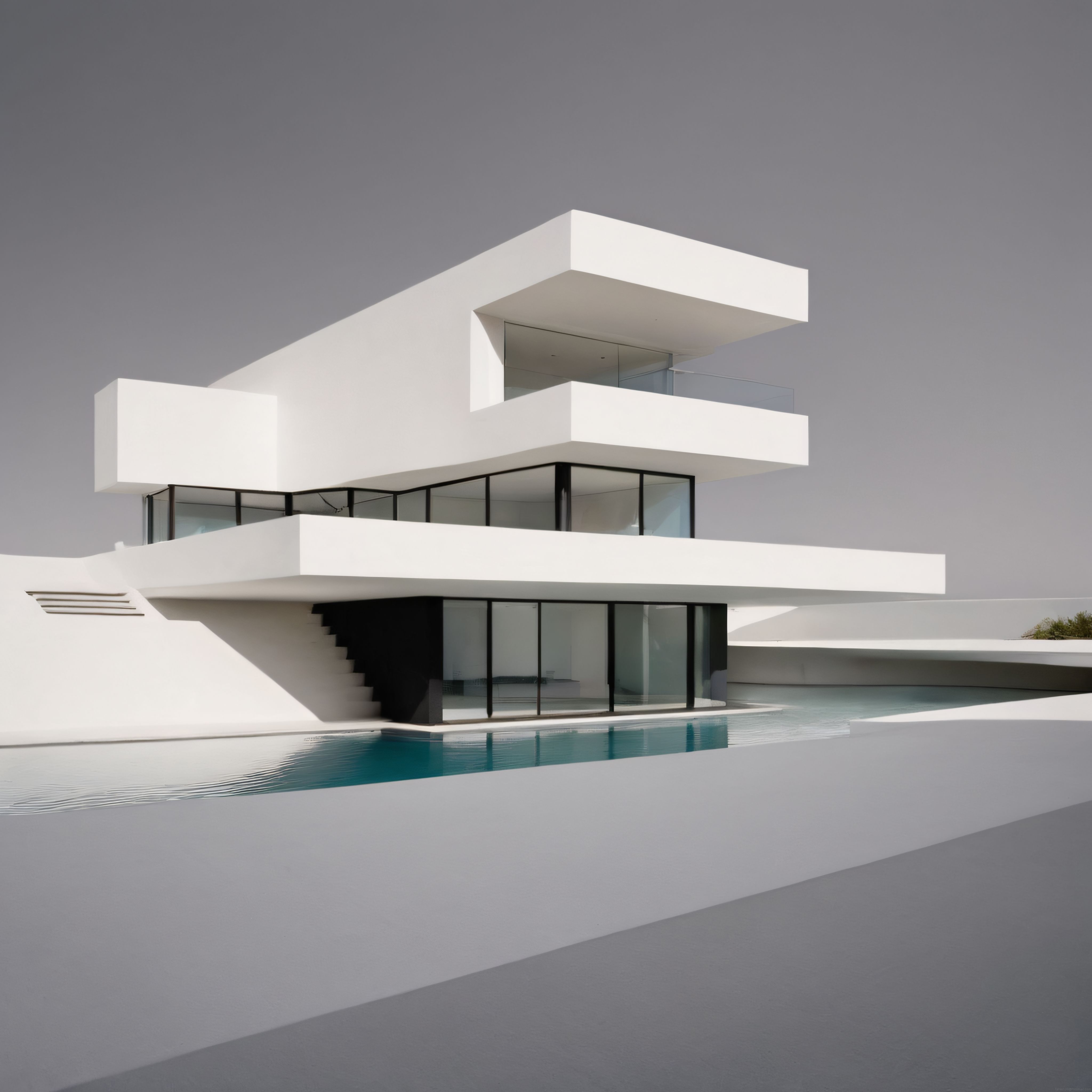 Geometrik Beyaz Kübik Villa ve Sonsuz Havuz ile Minimalist Mimari Tasarım