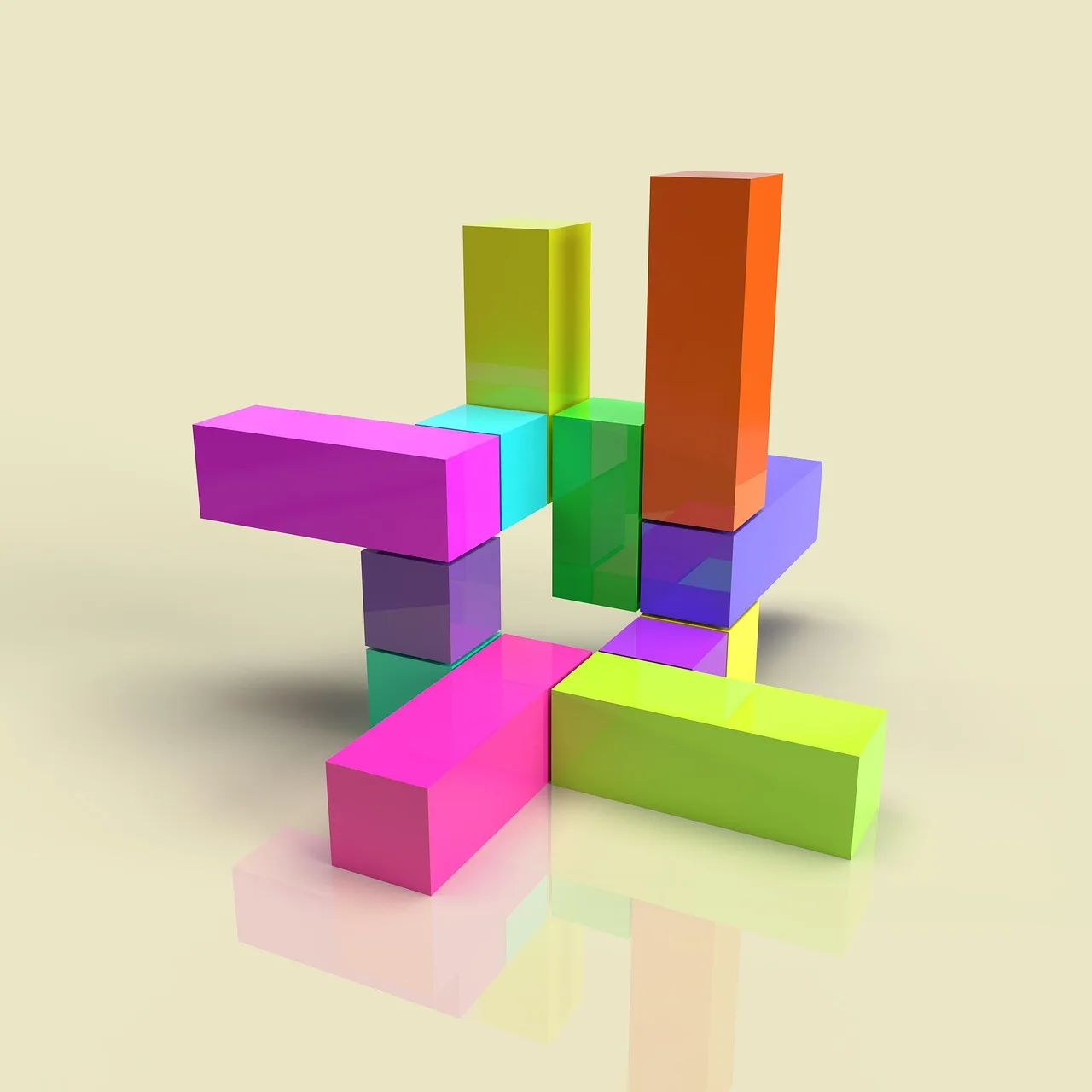 Geometrik bloklar puzzle 3D render - renkli şekiller