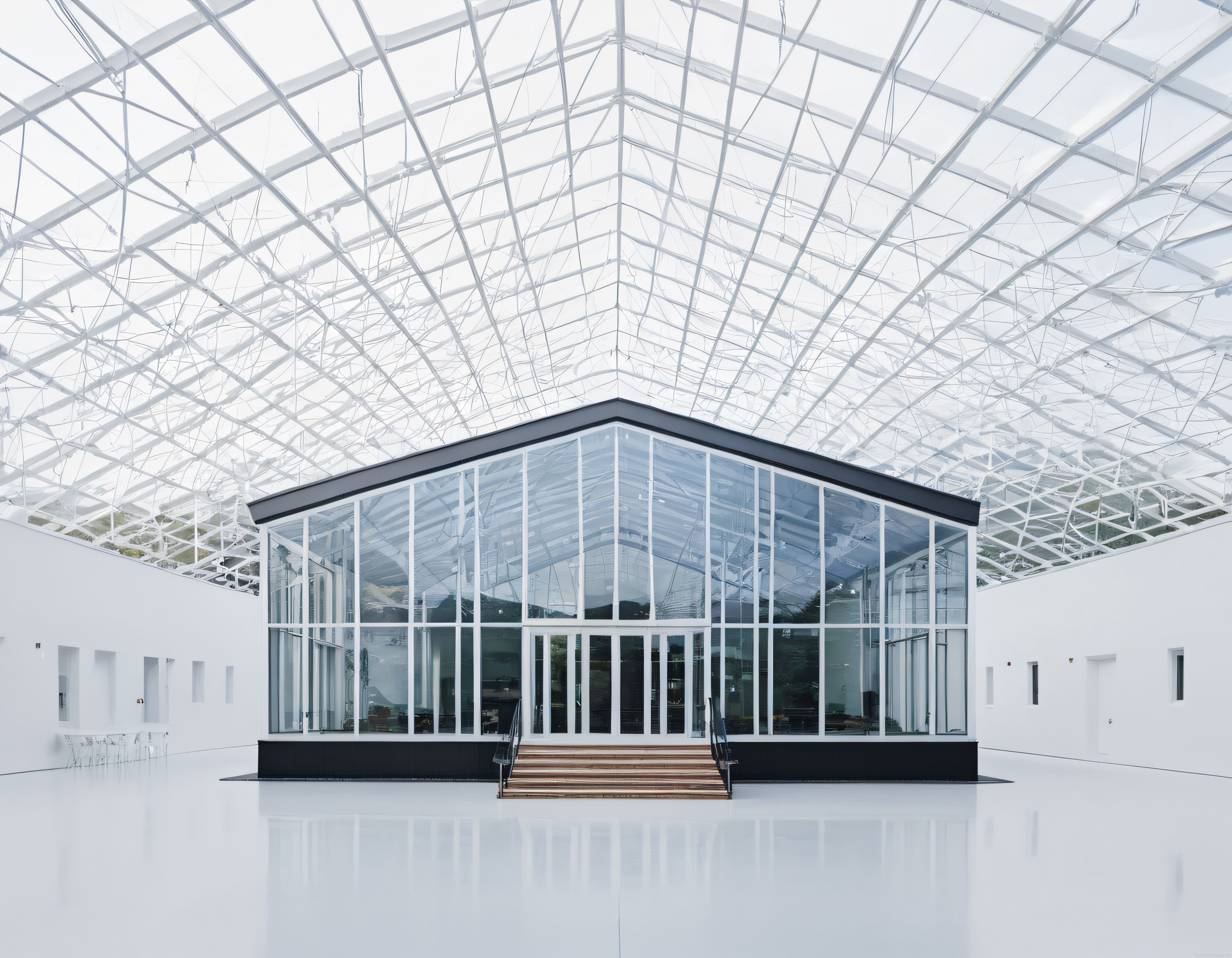 Geometrik cam çatılı modern atrium içi, camlı ofis ve parlak beyaz zemin