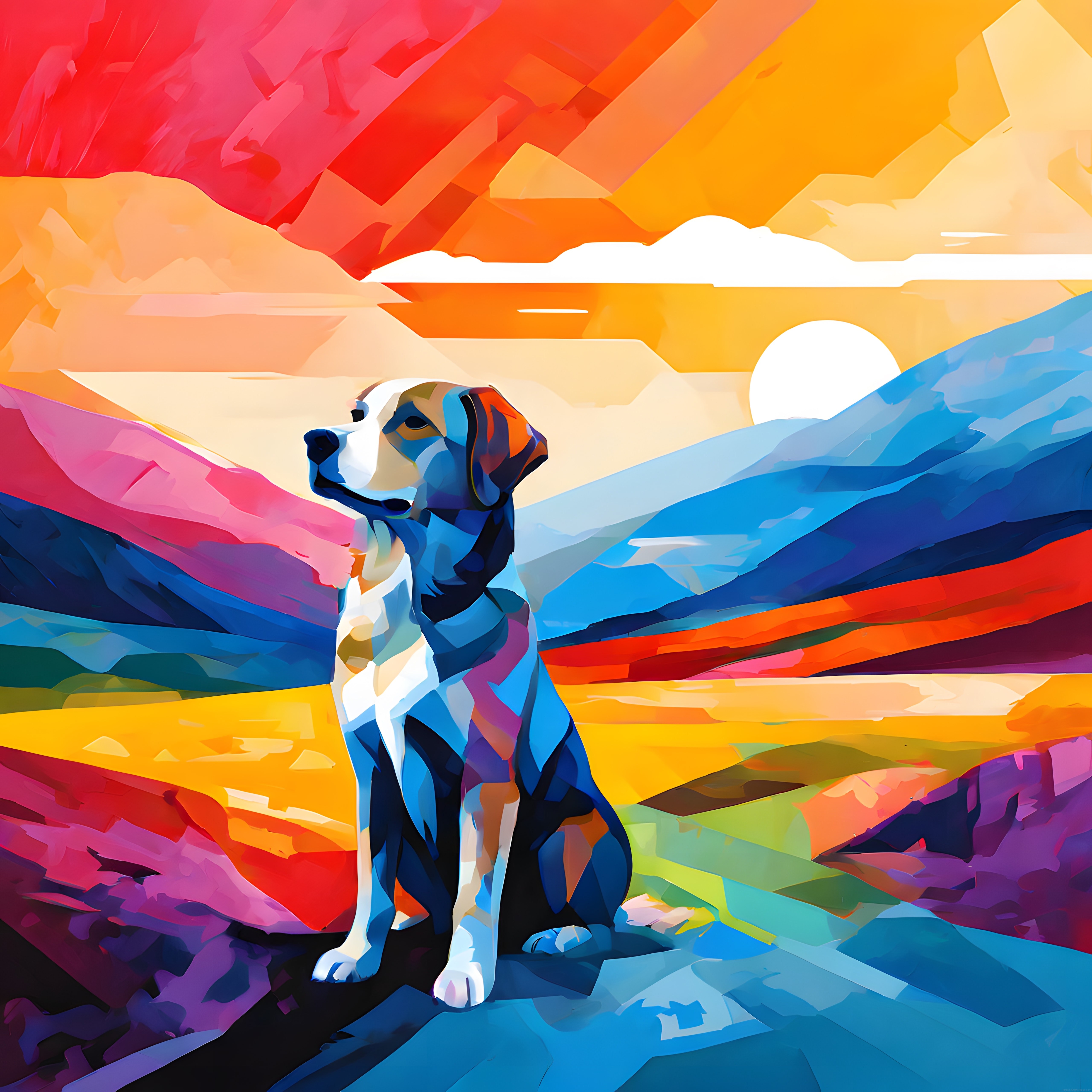 Geometrik Çizimlerle Can Bulan Köpek ve Renkli Gün Batımı Manzarası