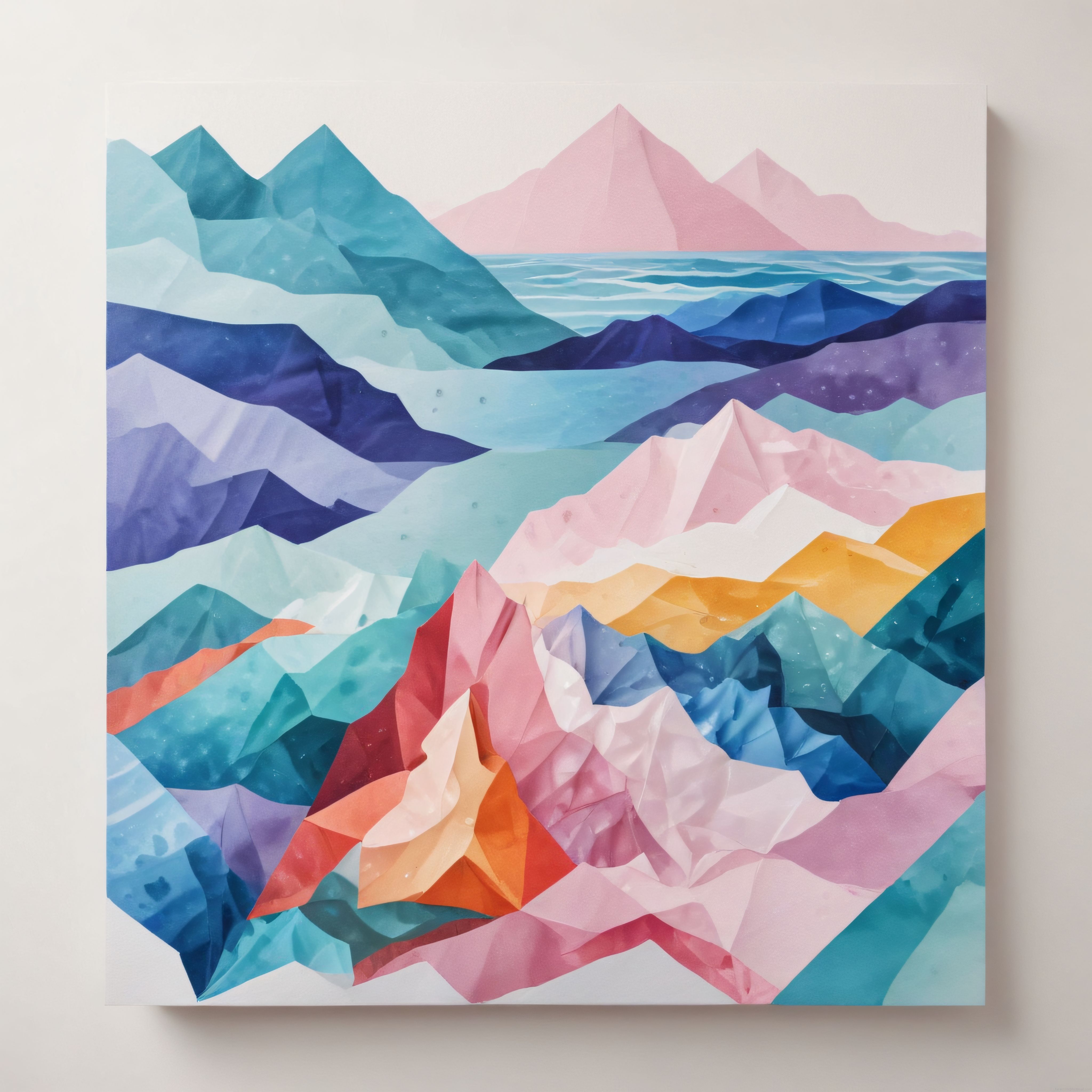 Geometrik Dağlar ve Göl Manzaralı Renkli Soyut Modern Tuval Sanat Eseri