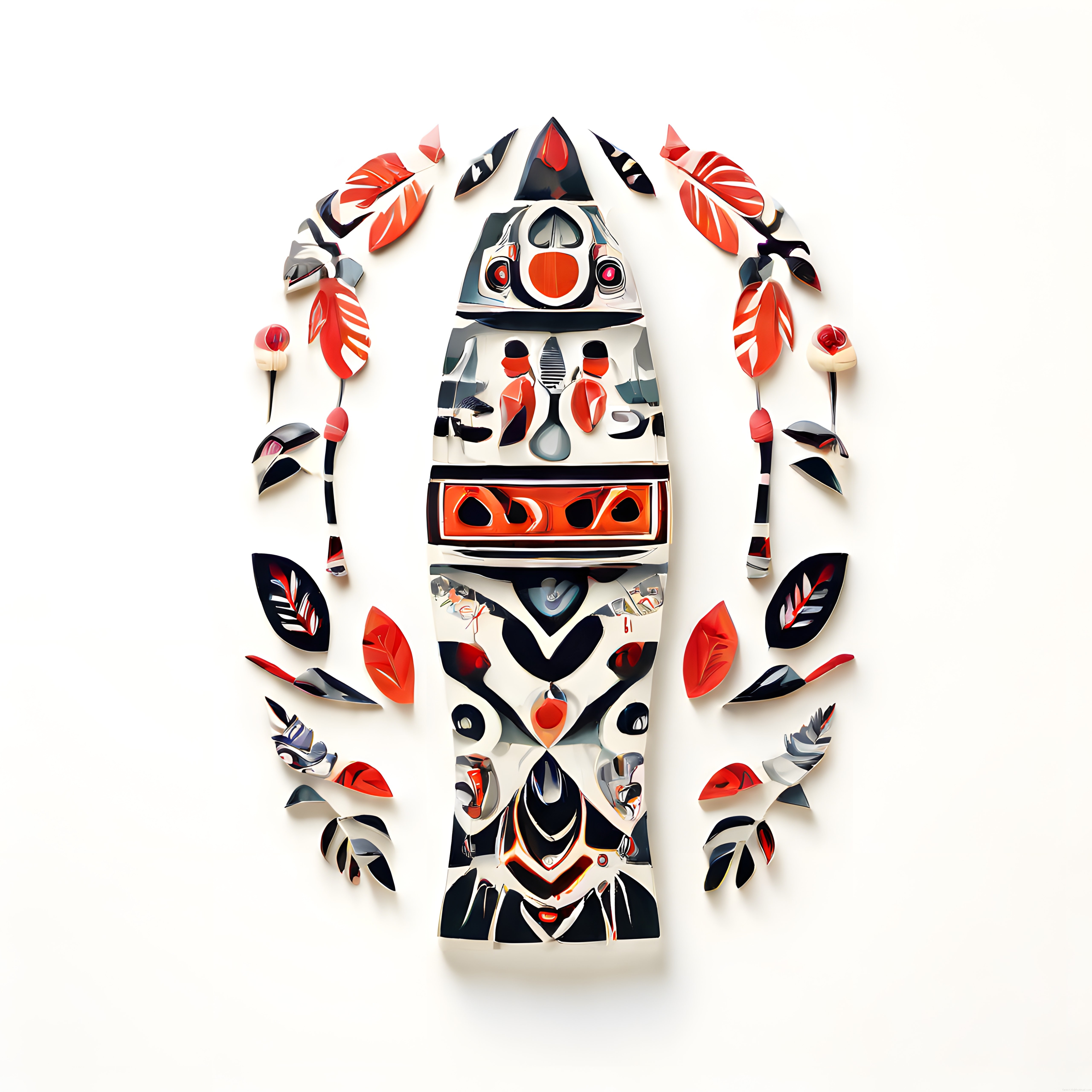 Geometrik Desenler ve Organik Yapraklarla Süslenmiş Modern Soyut Totem