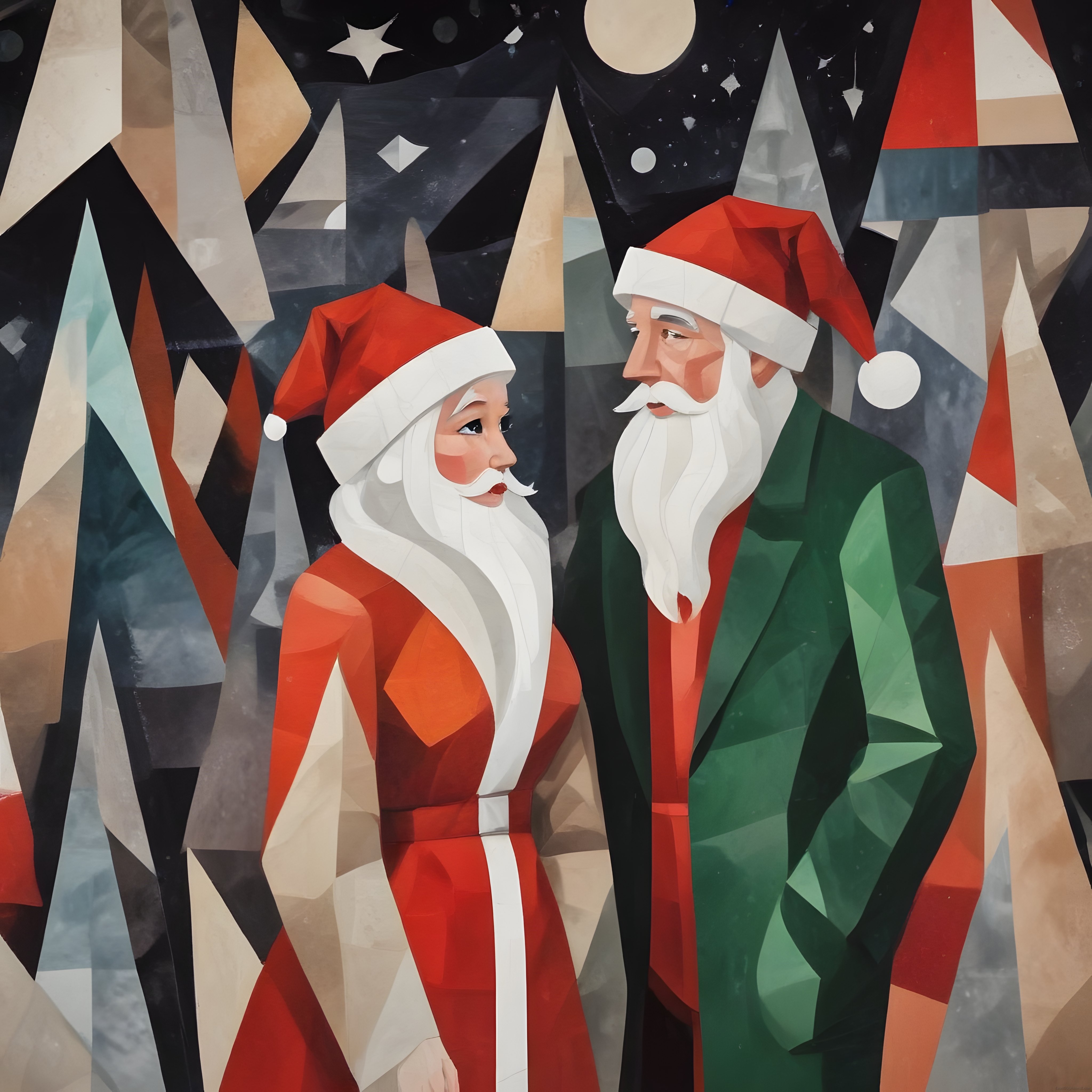 Geometrik Desenlerle Süslenmiş Kübist Tarzda Noel Baba Çifti ve Kış Manzarası