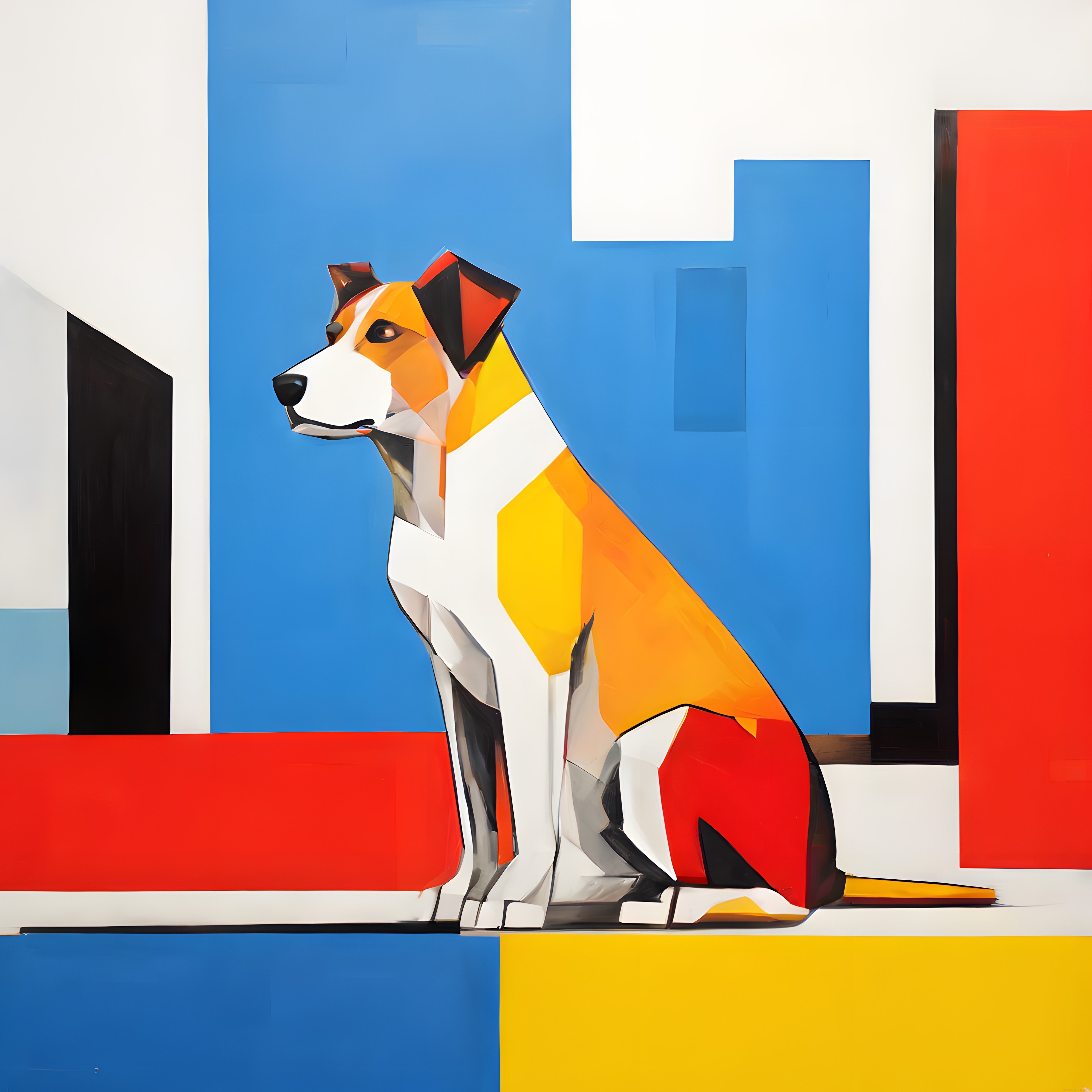 Geometrik Formlarda Oturan Köpek ve Soyut Modern Sanat Çalışması