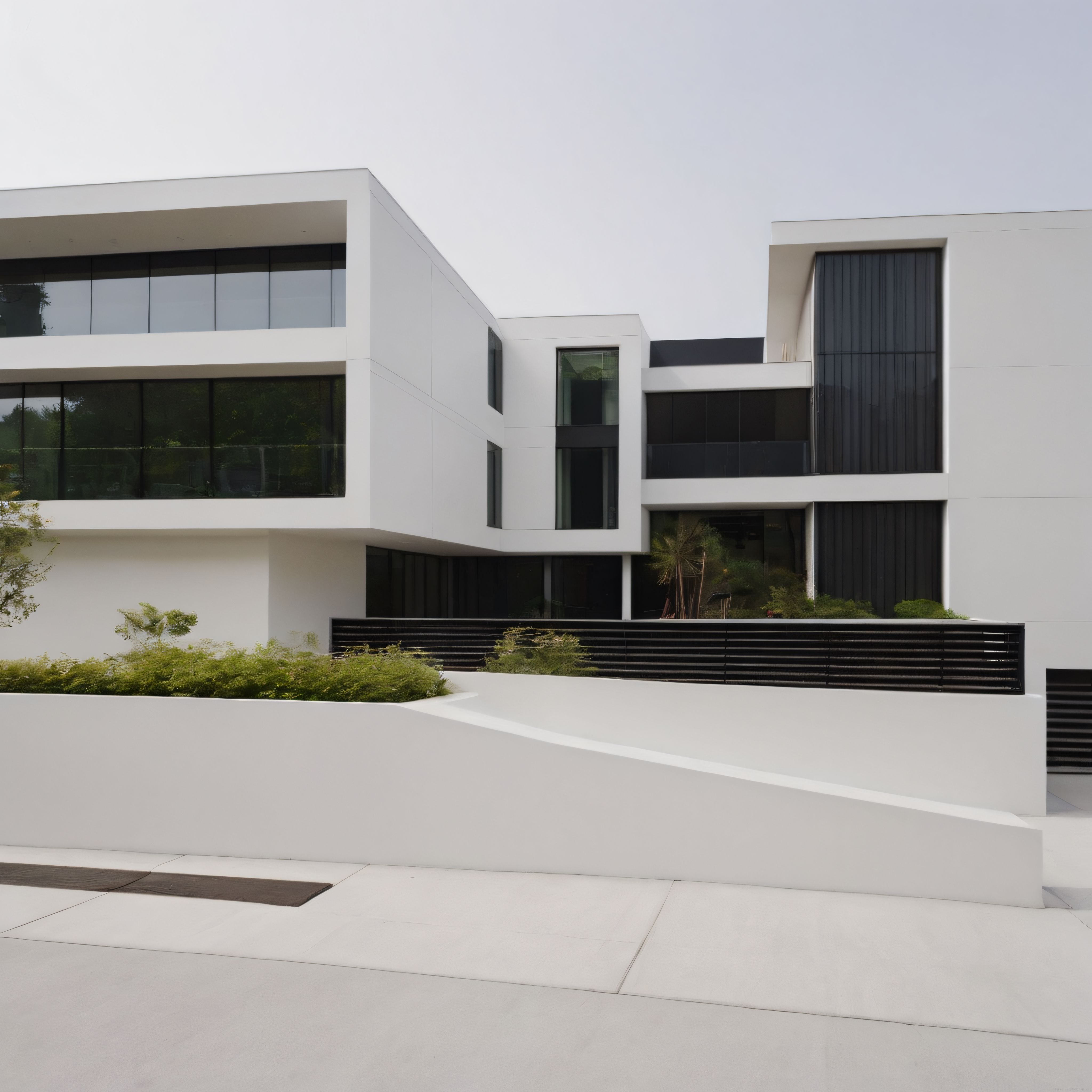 Geometrik Hatlara Sahip Beyaz Cepheli Çağdaş Villa ve Peyzaj Düzenlemesi