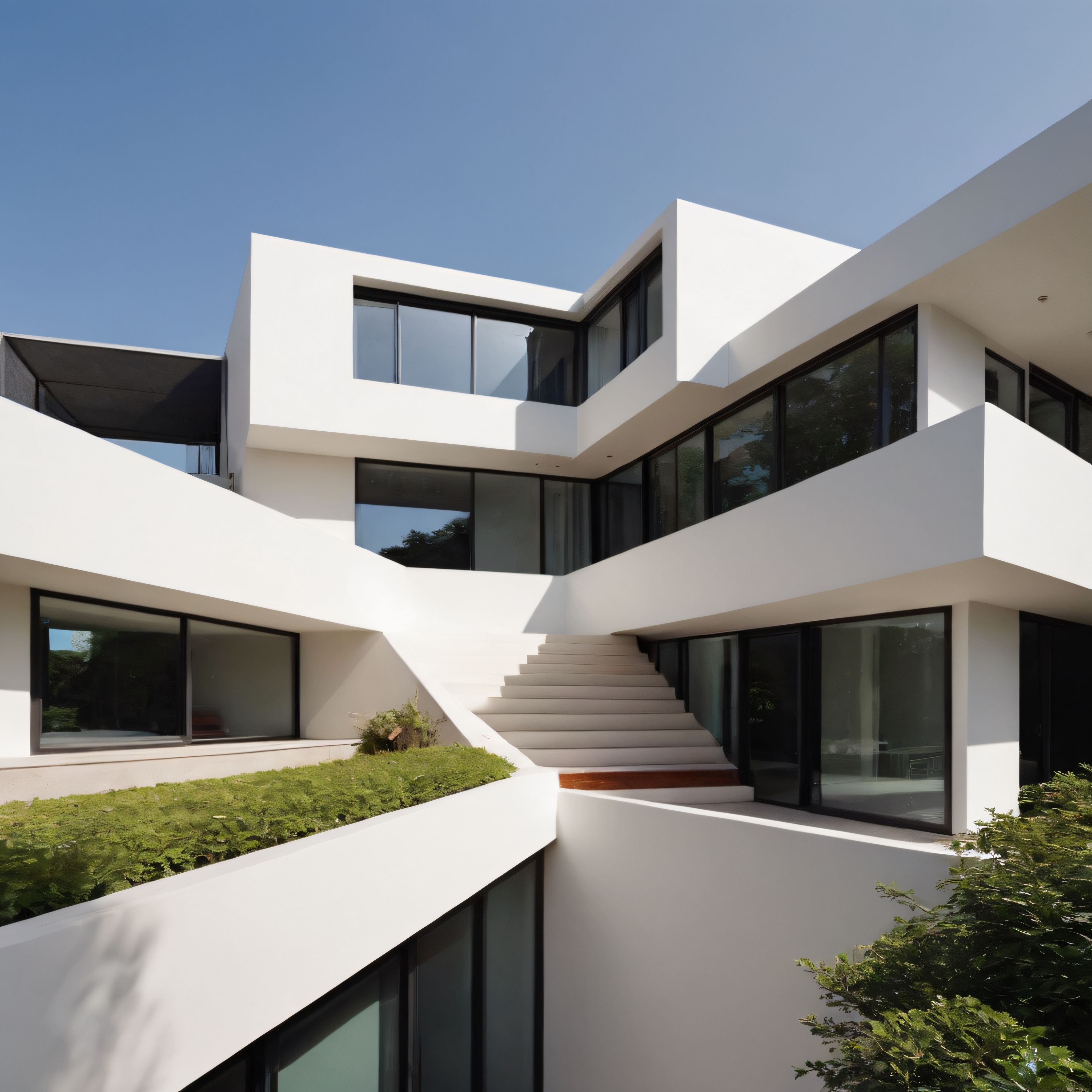 Geometrik Hatlarıyla Dikkat Çeken Beyaz Modern Villa ve Yeşil Teras Bahçesi