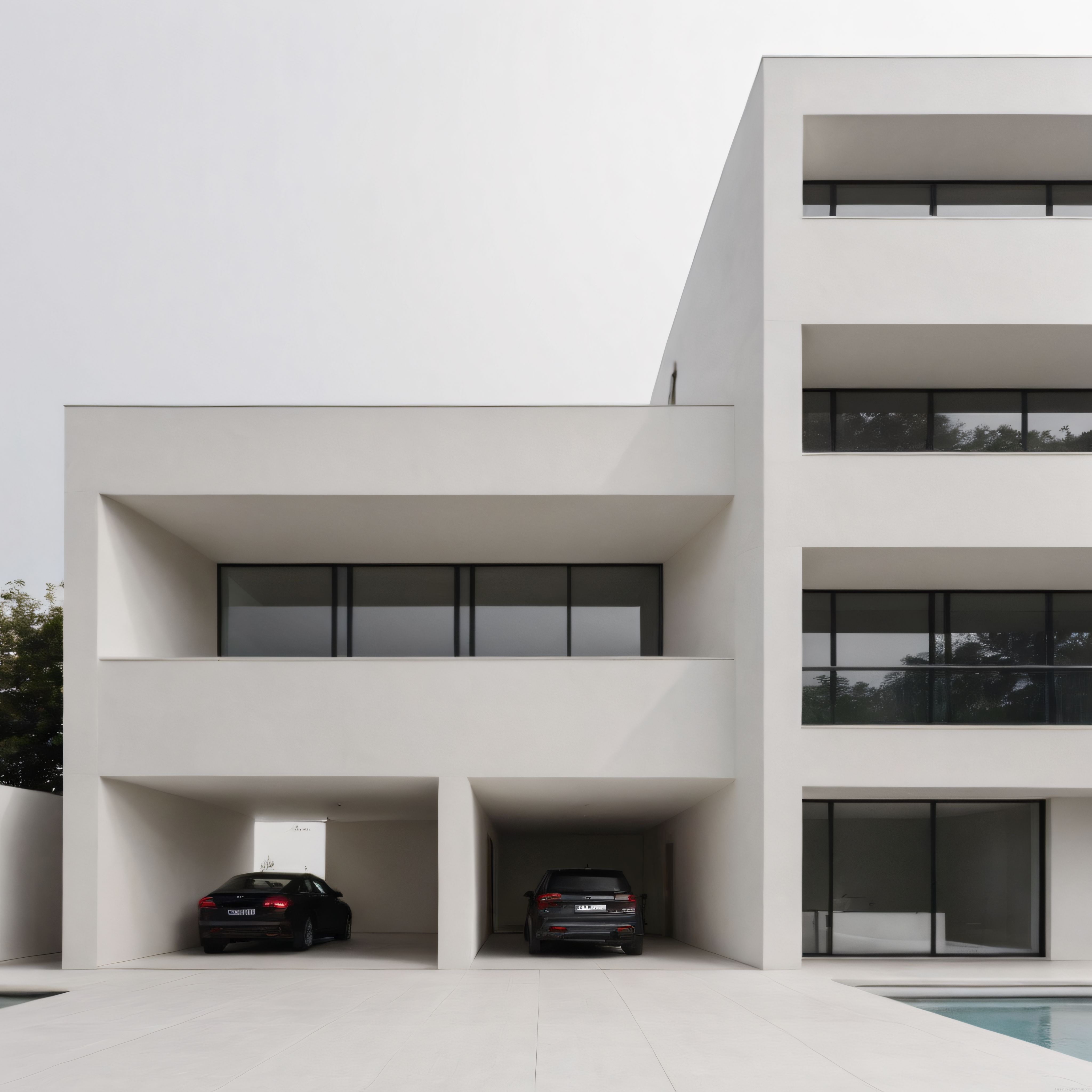 Geometrik Hatlarıyla Öne Çıkan Minimalist Beyaz Villa ve Yüzme Havuzu