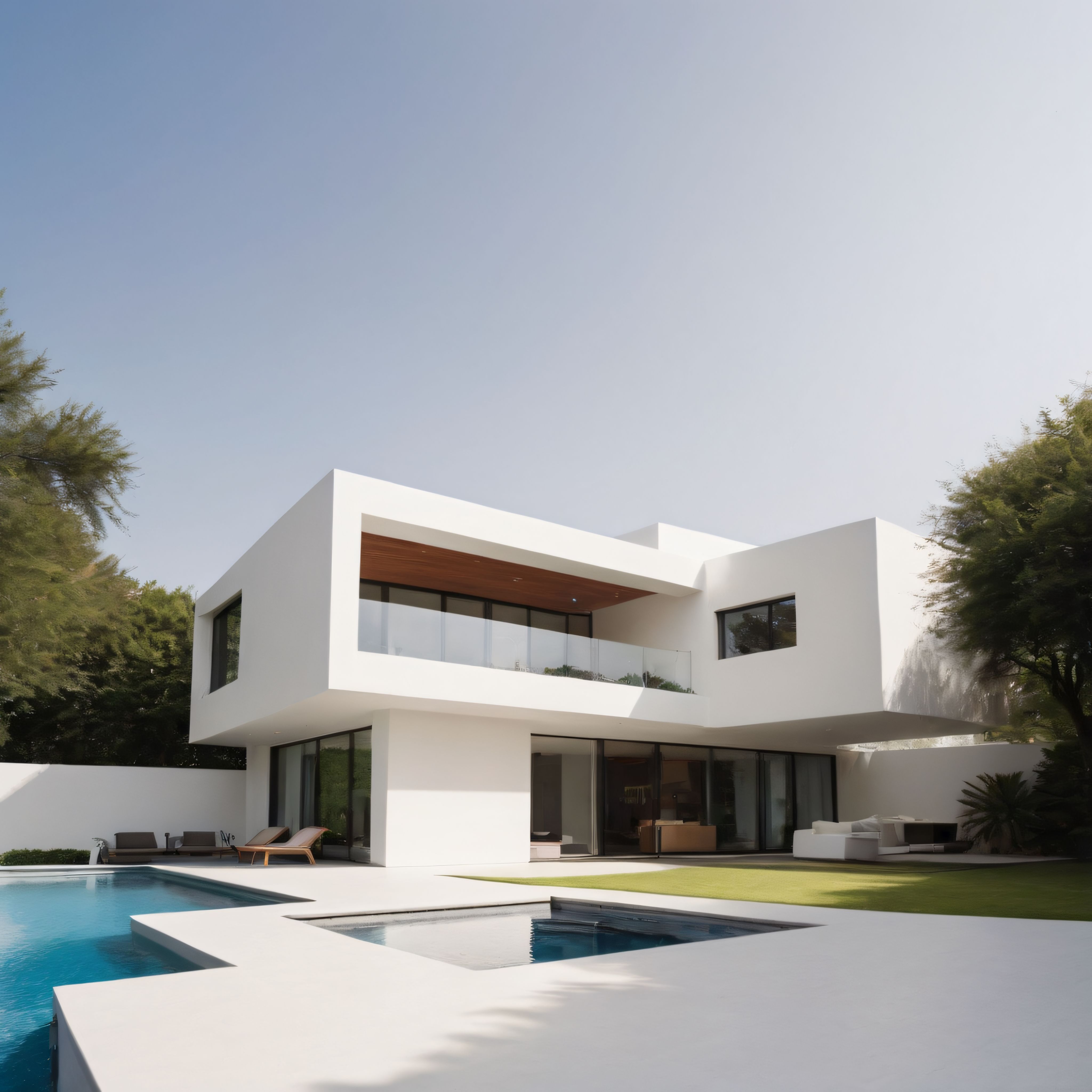 Geometrik Hatlarıyla Öne Çıkan Yüzme Havuzlu Modern Beyaz Villa