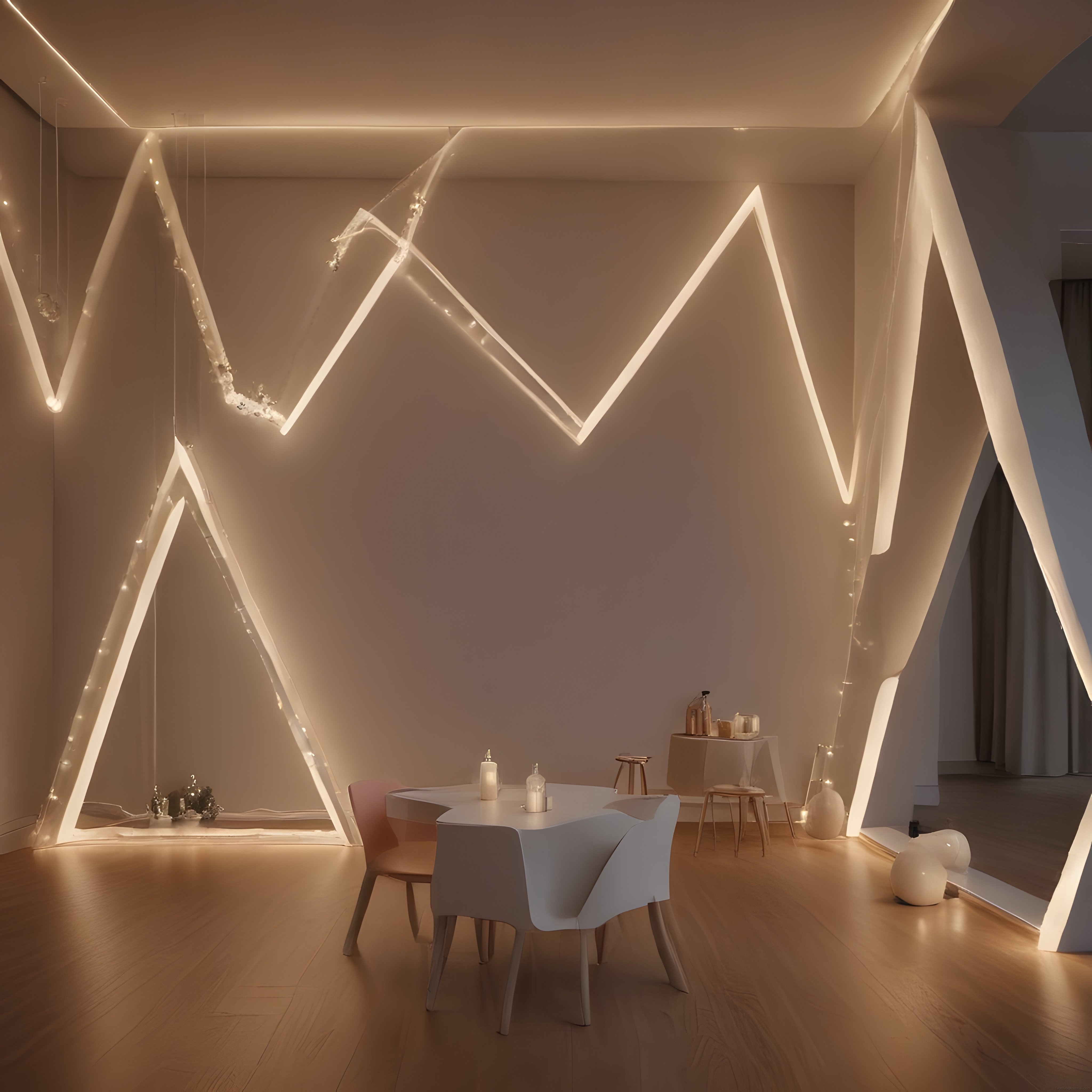 Geometrik LED Aydınlatmalı Minimalist Yemek Odası ve Modern İç Mekan Tasarımı