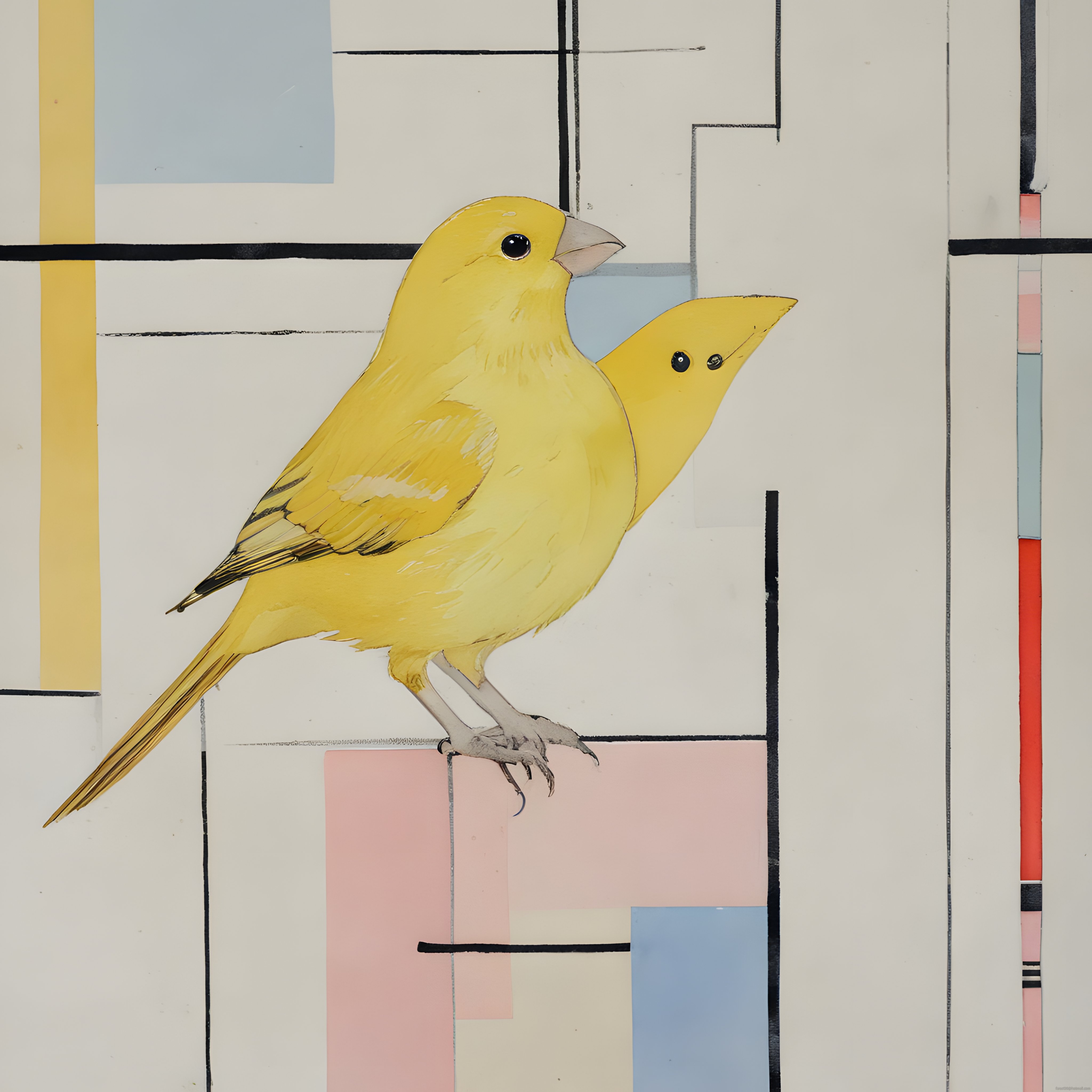 Geometrik Mondrian Tarzı Arka Planda Zarif Sarı Kanarya Sanatsal İllüstrasyon