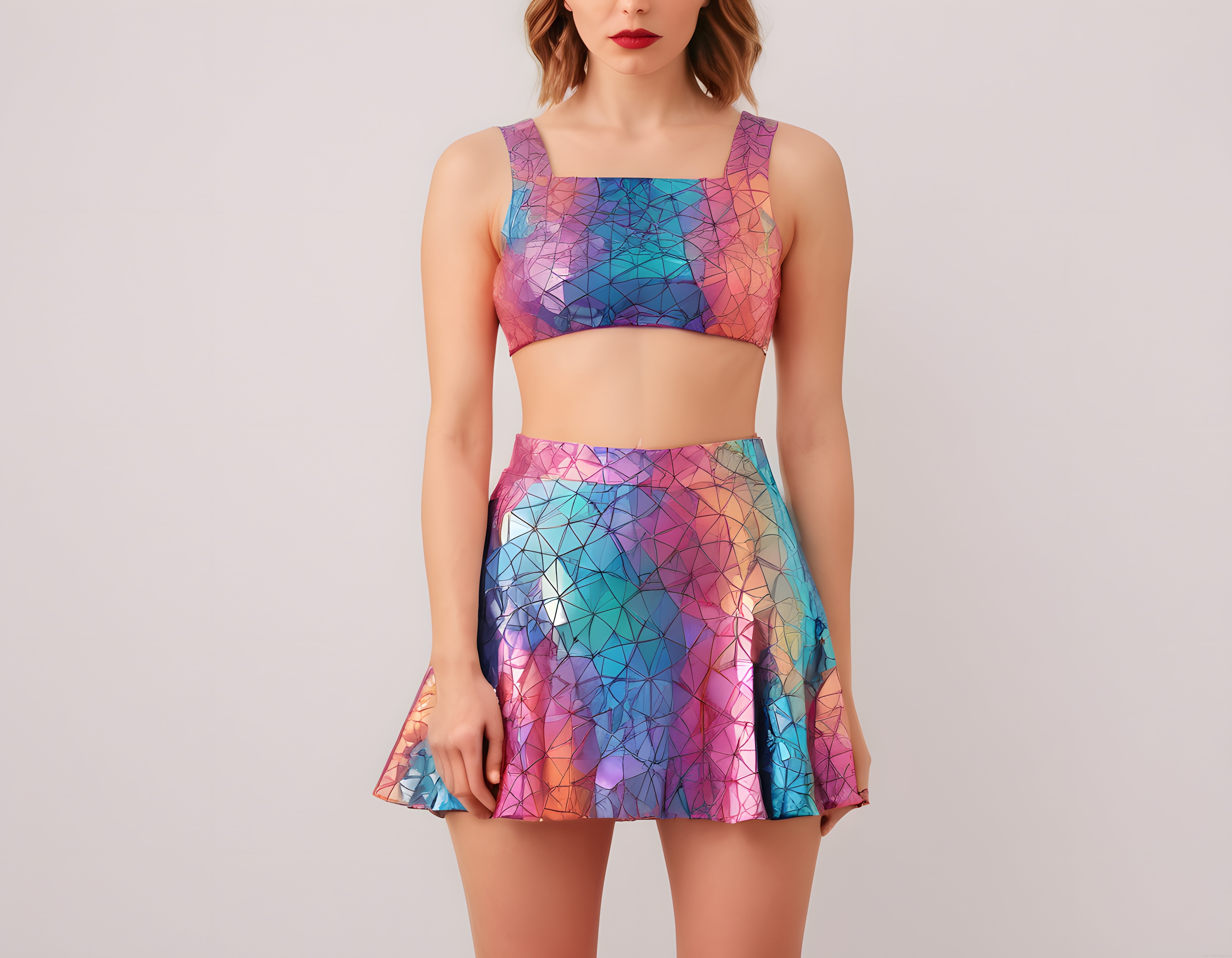 Geometrik Mozaik Desenli Crop Top ve Mini Etek ile Modern Spor Şıklığı