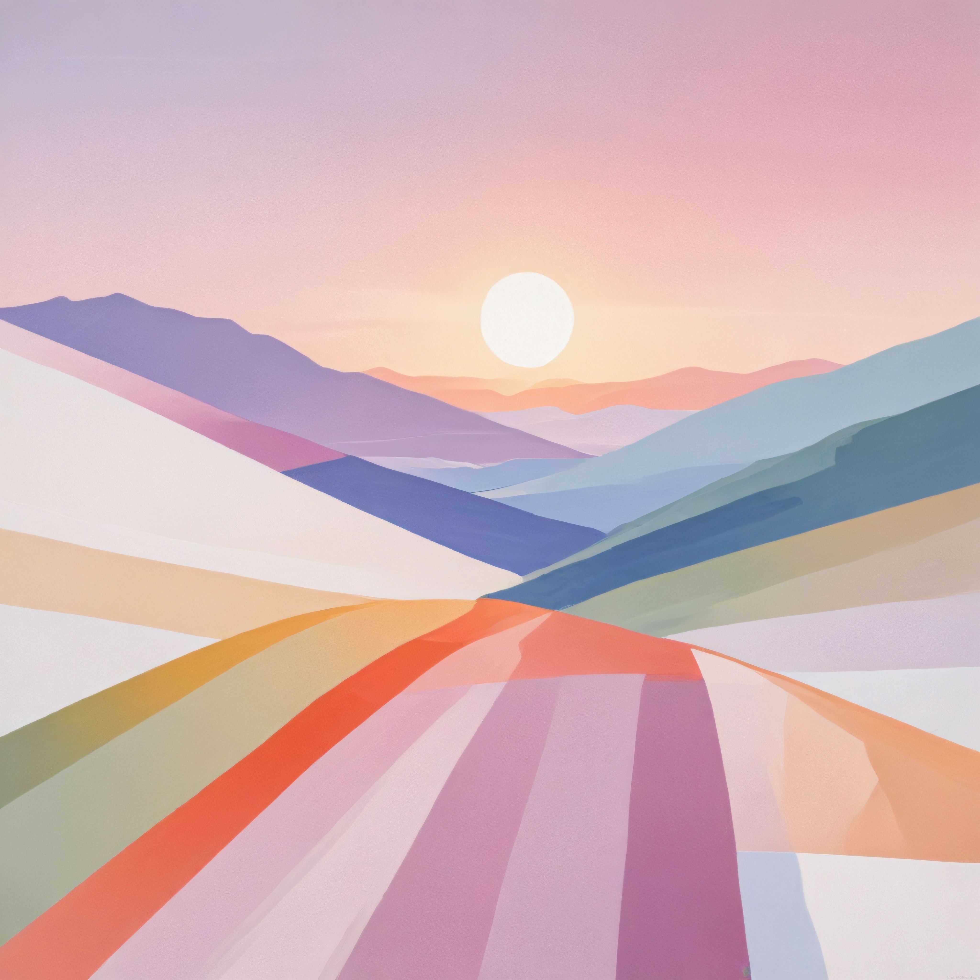Geometrik Pastel Dağlar ve Yumuşak Gün Işığının Huzur Verici Manzarası