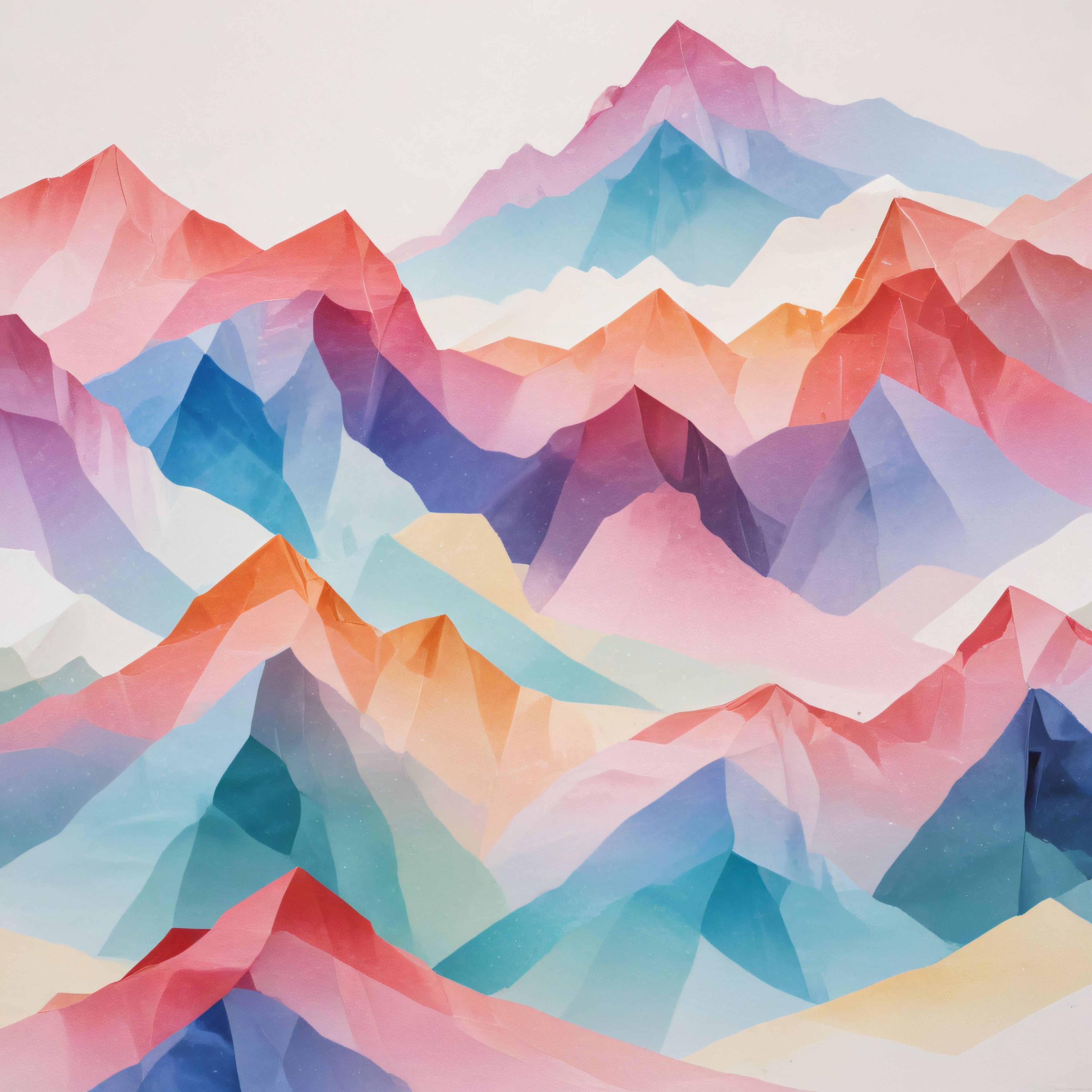 Geometrik Pastel Dağların Katmanlı Suluboya Stilindeki Huzurlu Manzarası