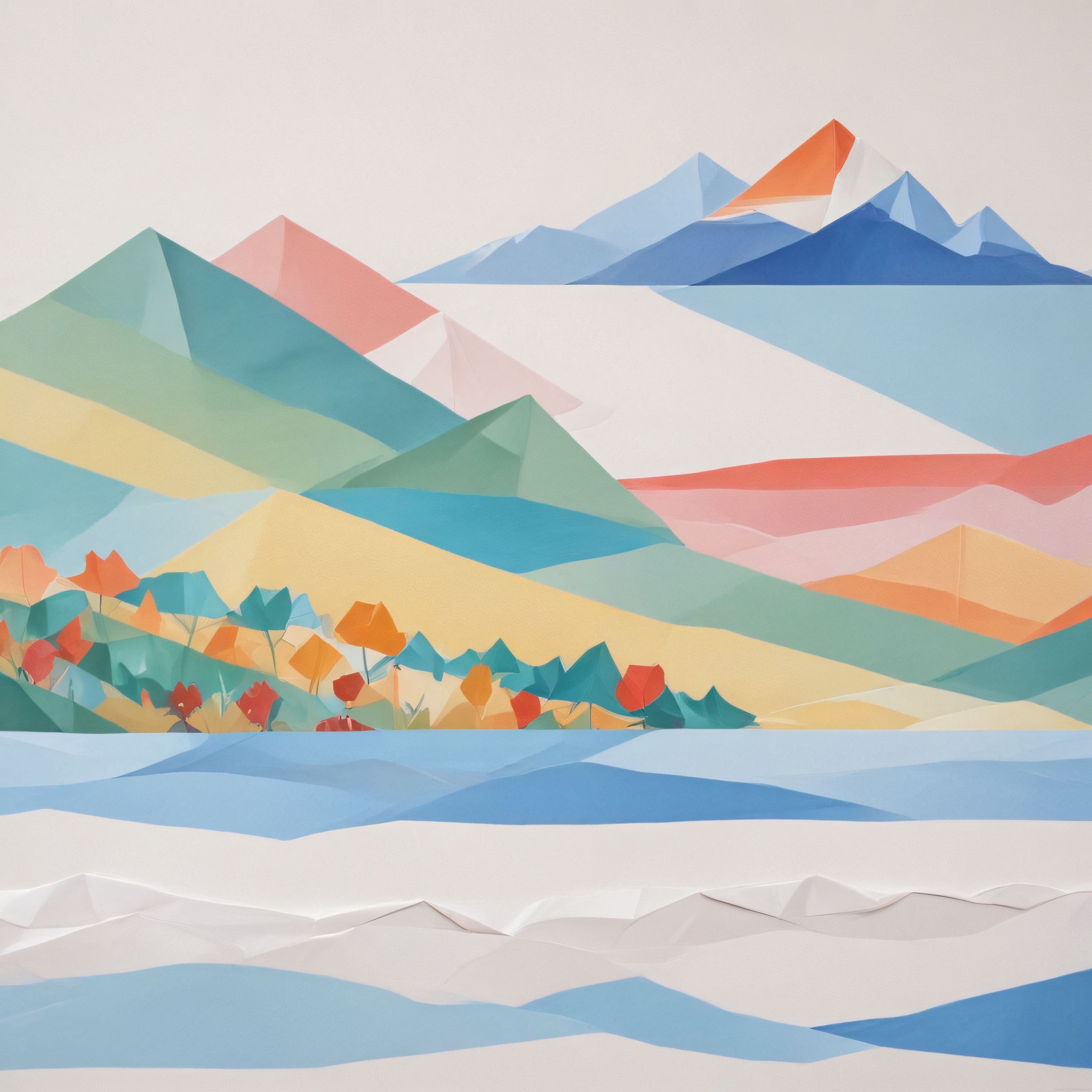 Geometrik Pastel Tonlarda Katmanlı Dağlar ve Göl Manzaralı Dijital Sanat