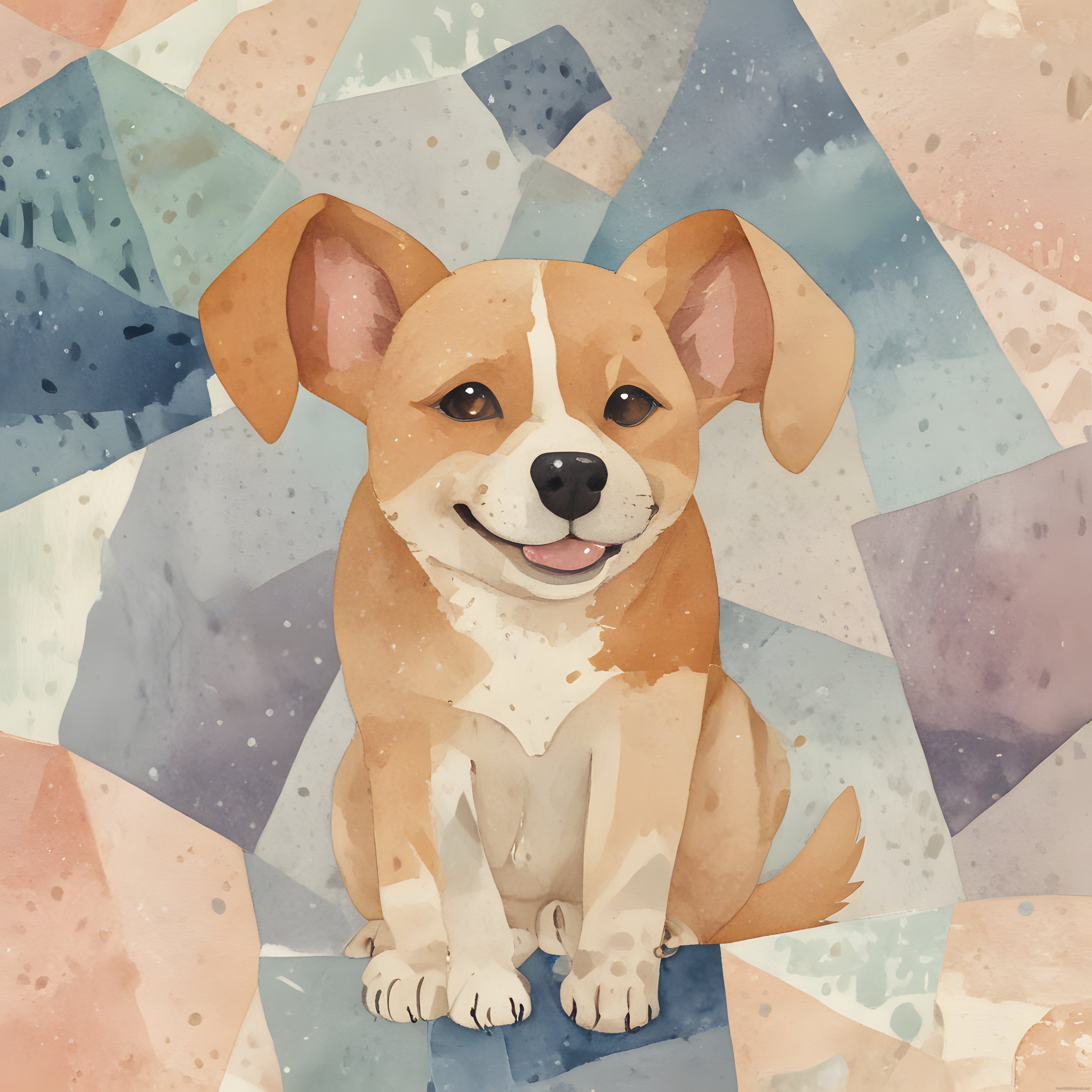 Geometrik pastel tonlarda suluboya efektli mutlu beagle yavrusu çizimi