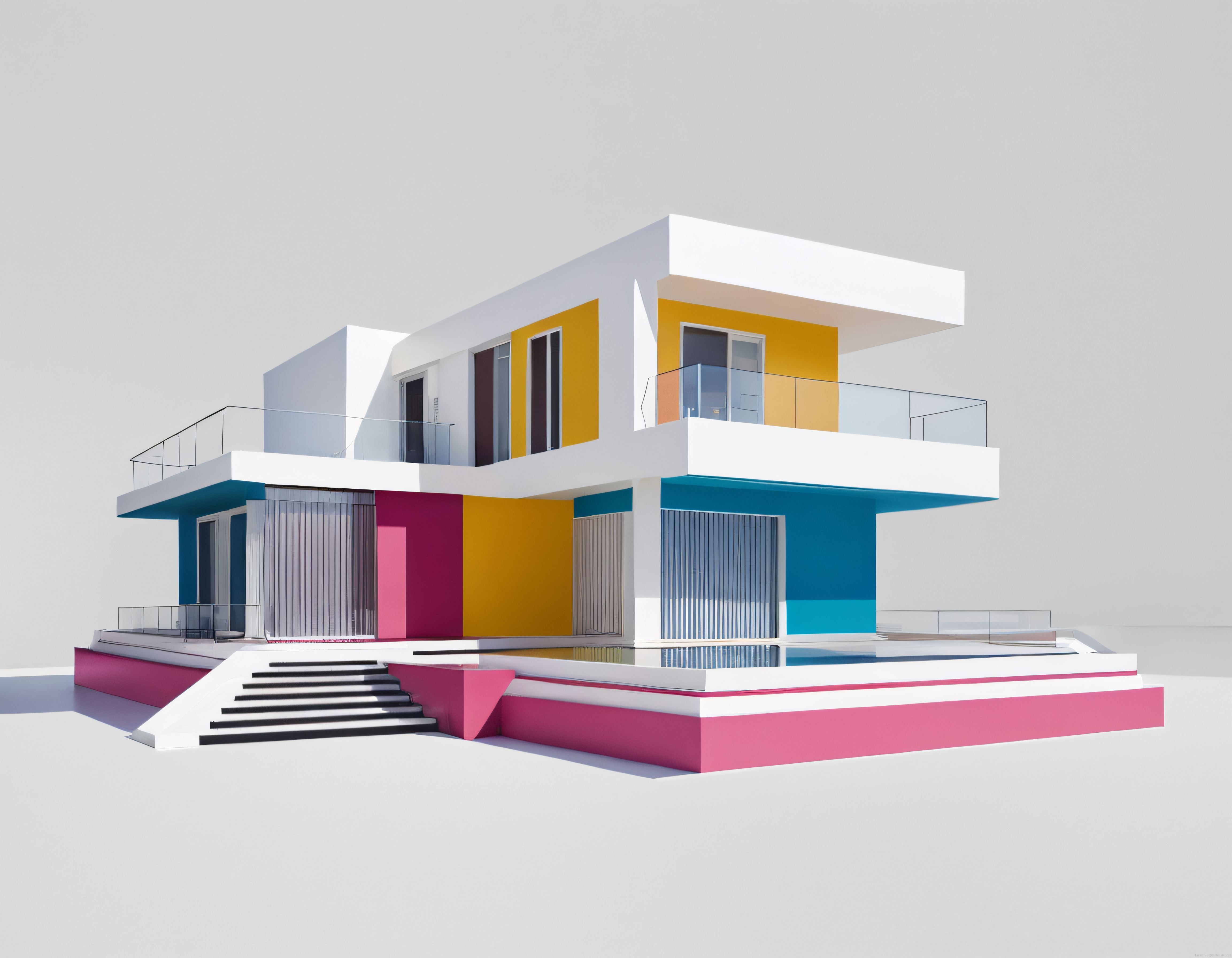 Geometrik Renk Bloklarıyla Süslenmiş Modern Villa ve Minimalist Havuzlu Bahçe