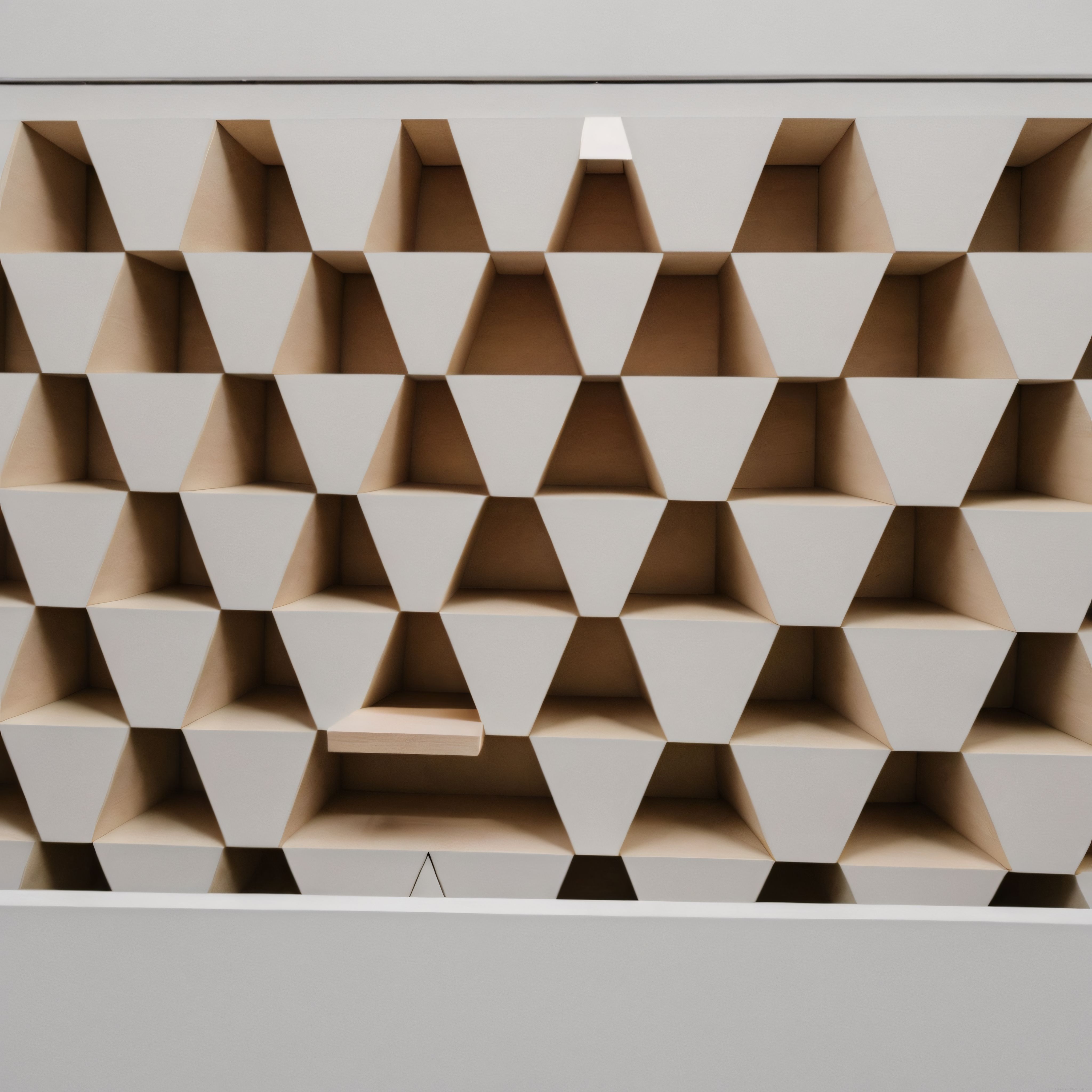 Geometrik Üçgen Modüllerden Oluşan Modern Duvar Paneli ve Minimalist Kitaplık Tasarımı