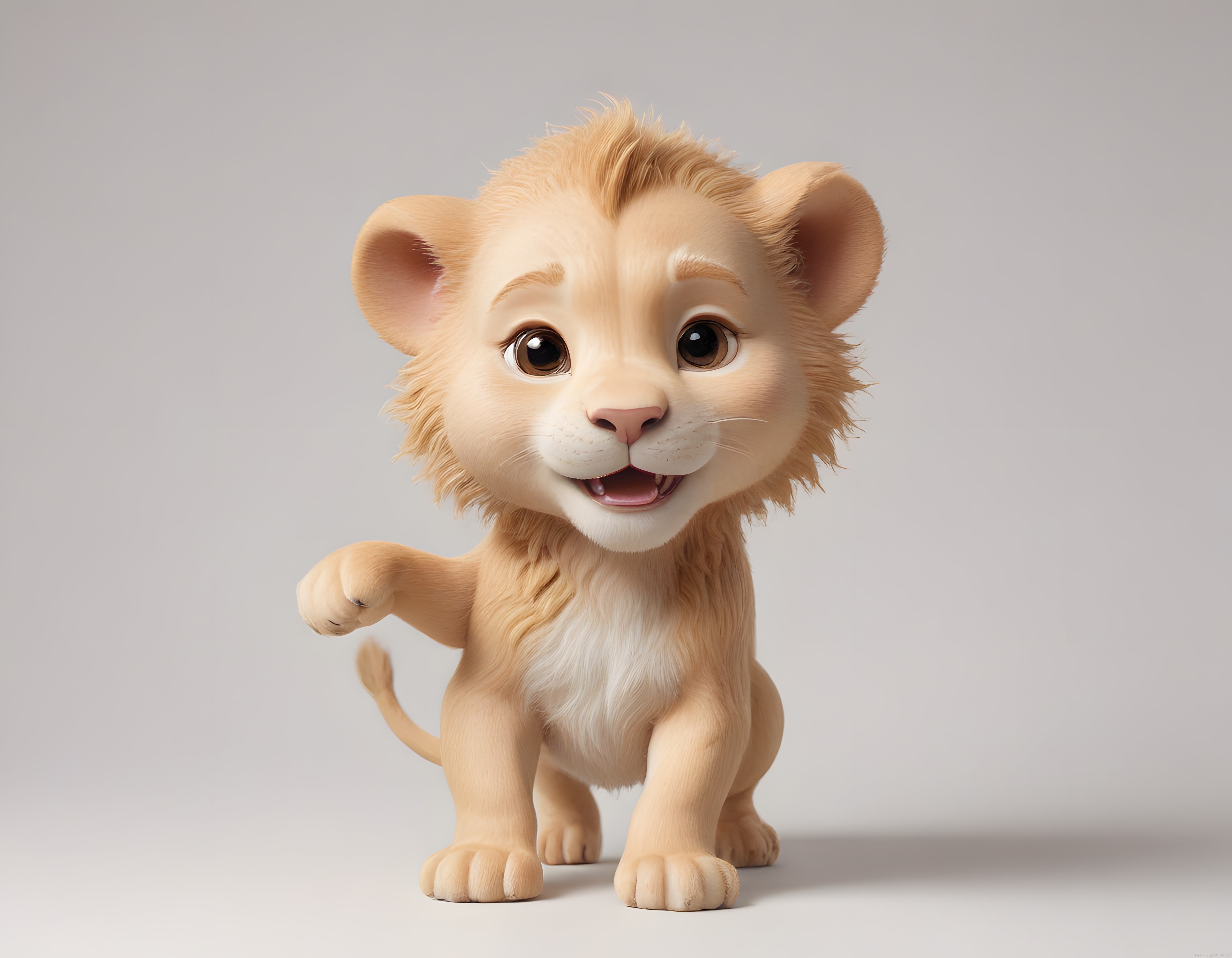 Gerçekçi 3D animasyon tarzında sevimli aslan yavrusu ve masum bakışları