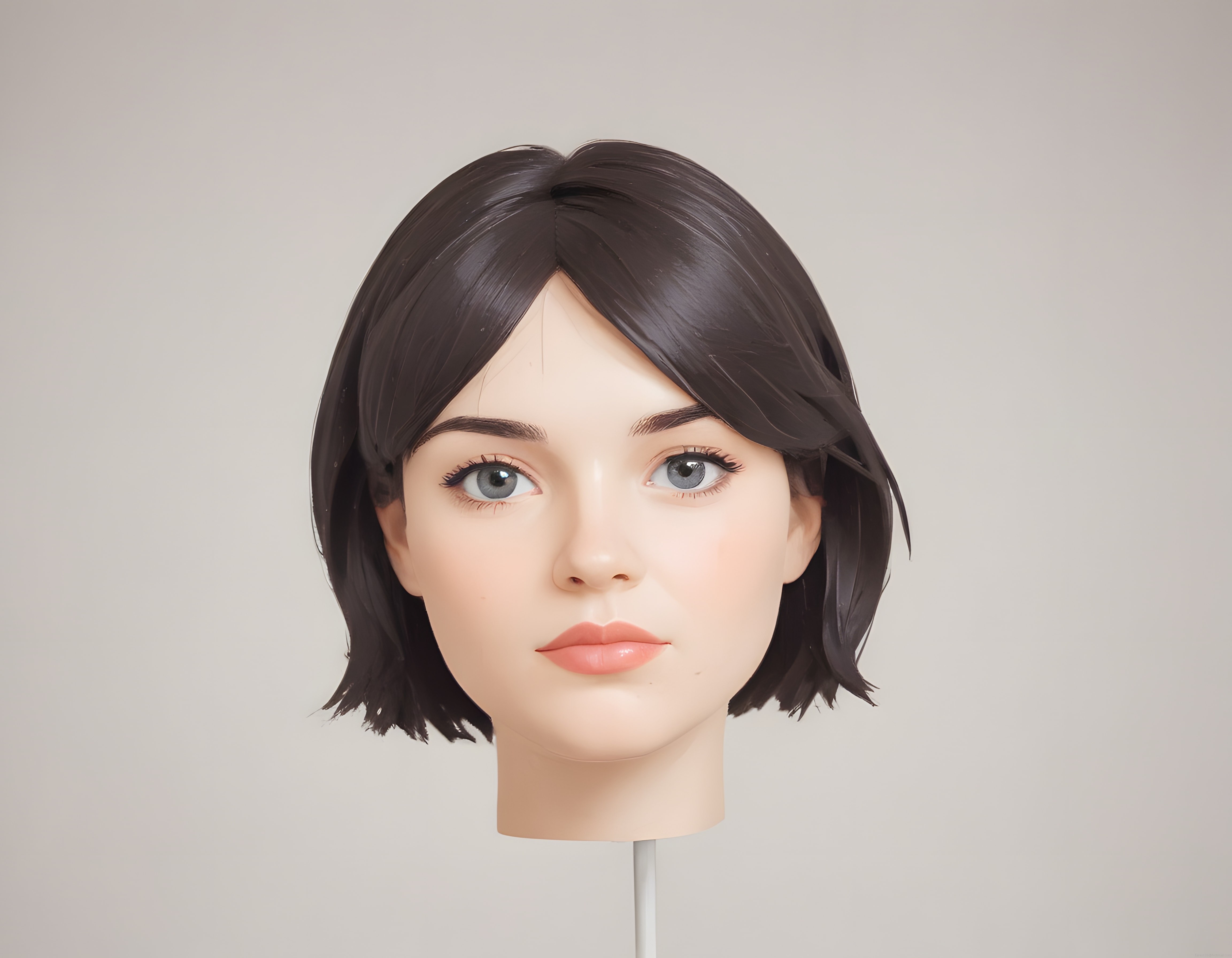 Gerçekçi 3D kadın karakter renderı: Kısa siyah saçlı, mavi gözlü dijital portre