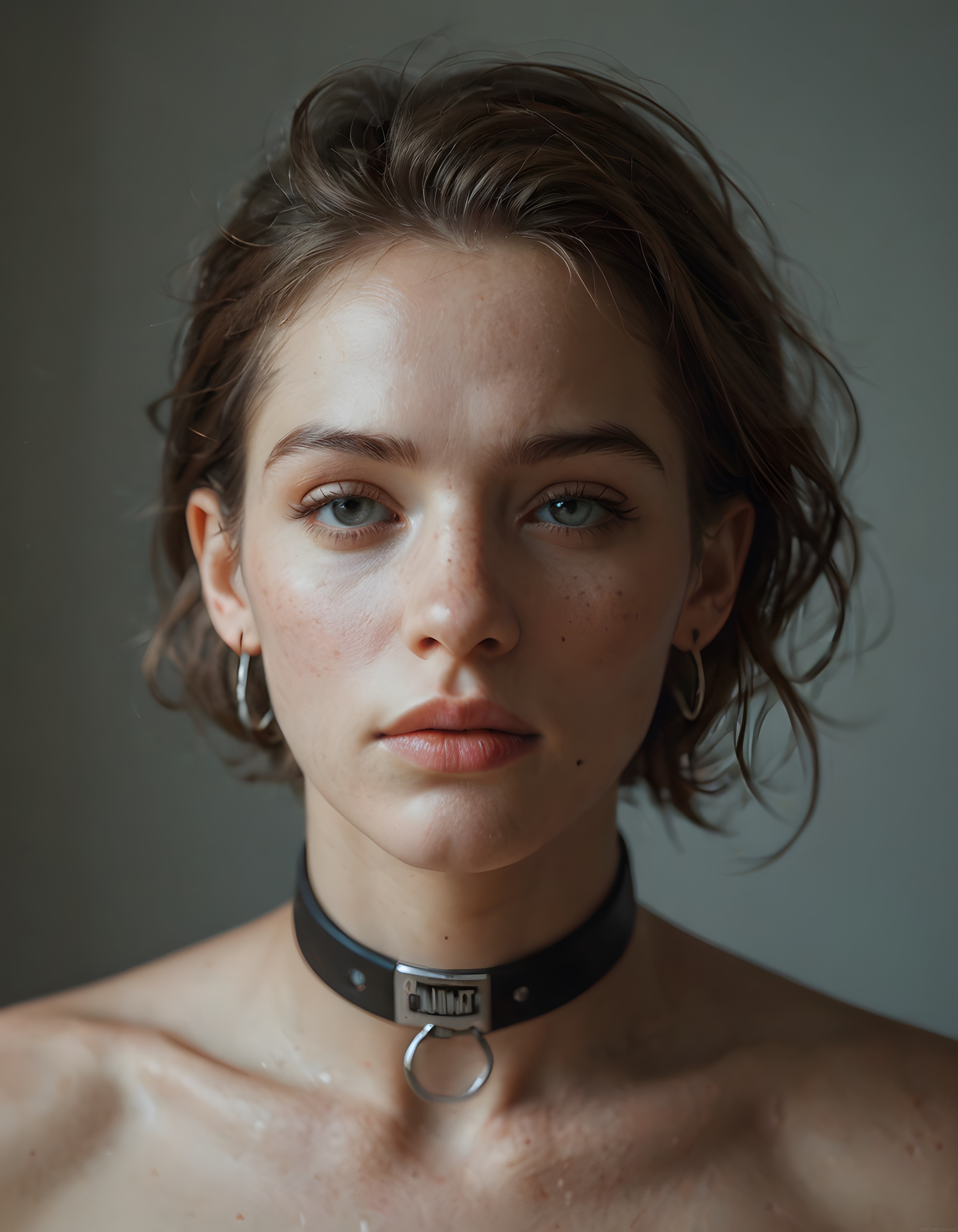 Gerçekçi dijital portre: Kısa saçlı genç kadın ve metal halkalı choker