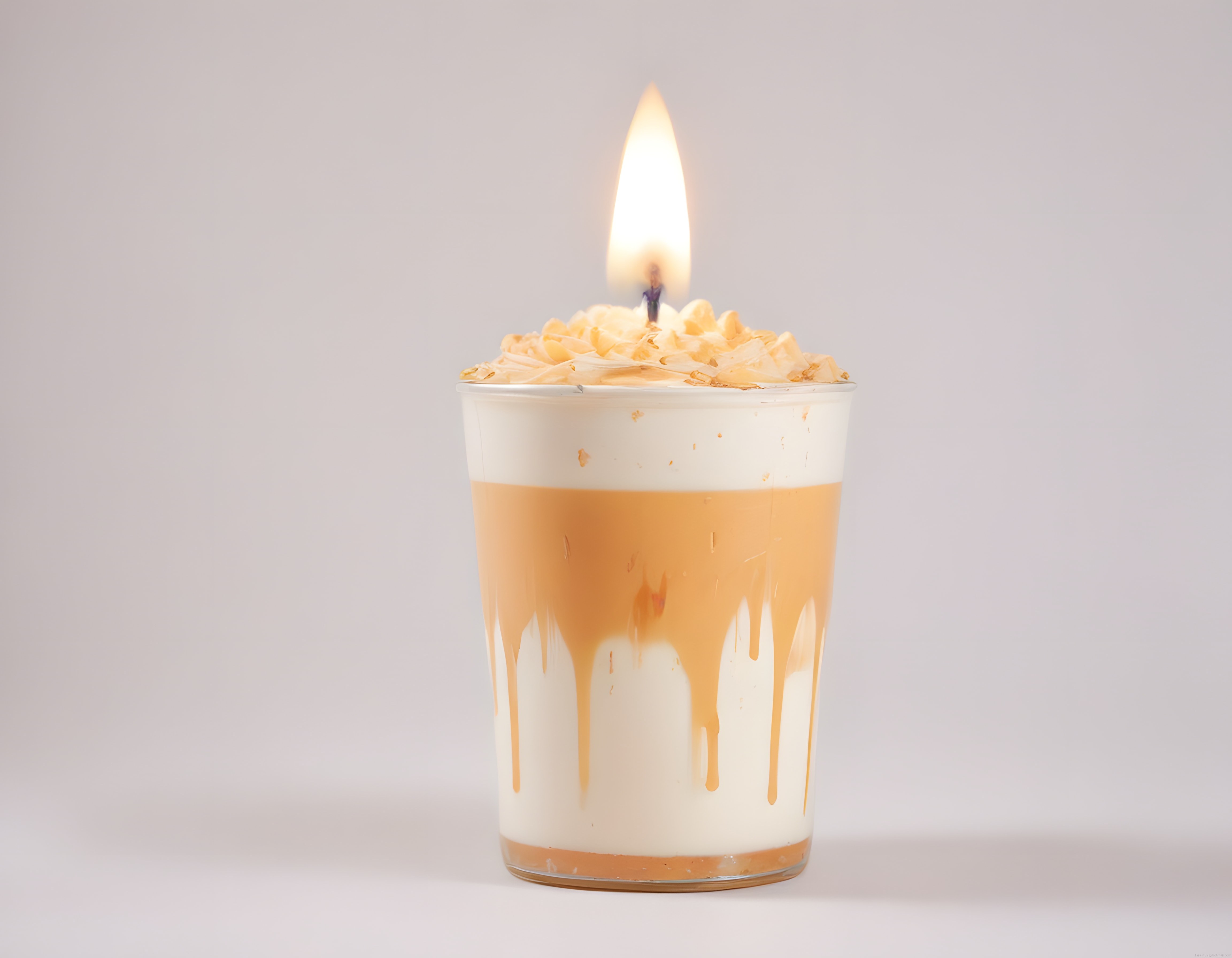 Gerçekçi karamel dökümlü latte tasarımlı dekoratif mum ışığı