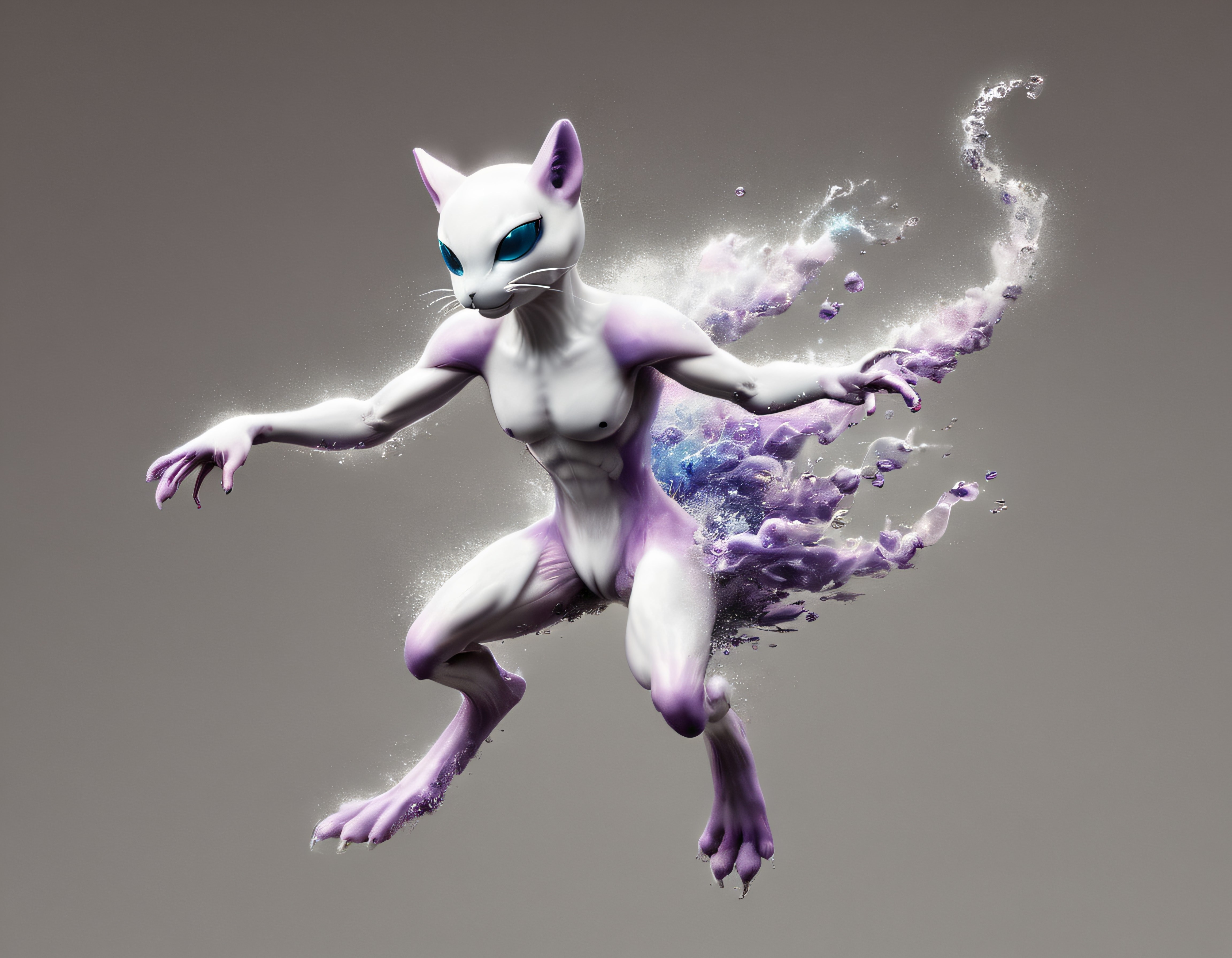 Gerçekçi Mewtwo 3D Dijital Sanat: Su Efektleriyle Parçalanan Epik Pokemon