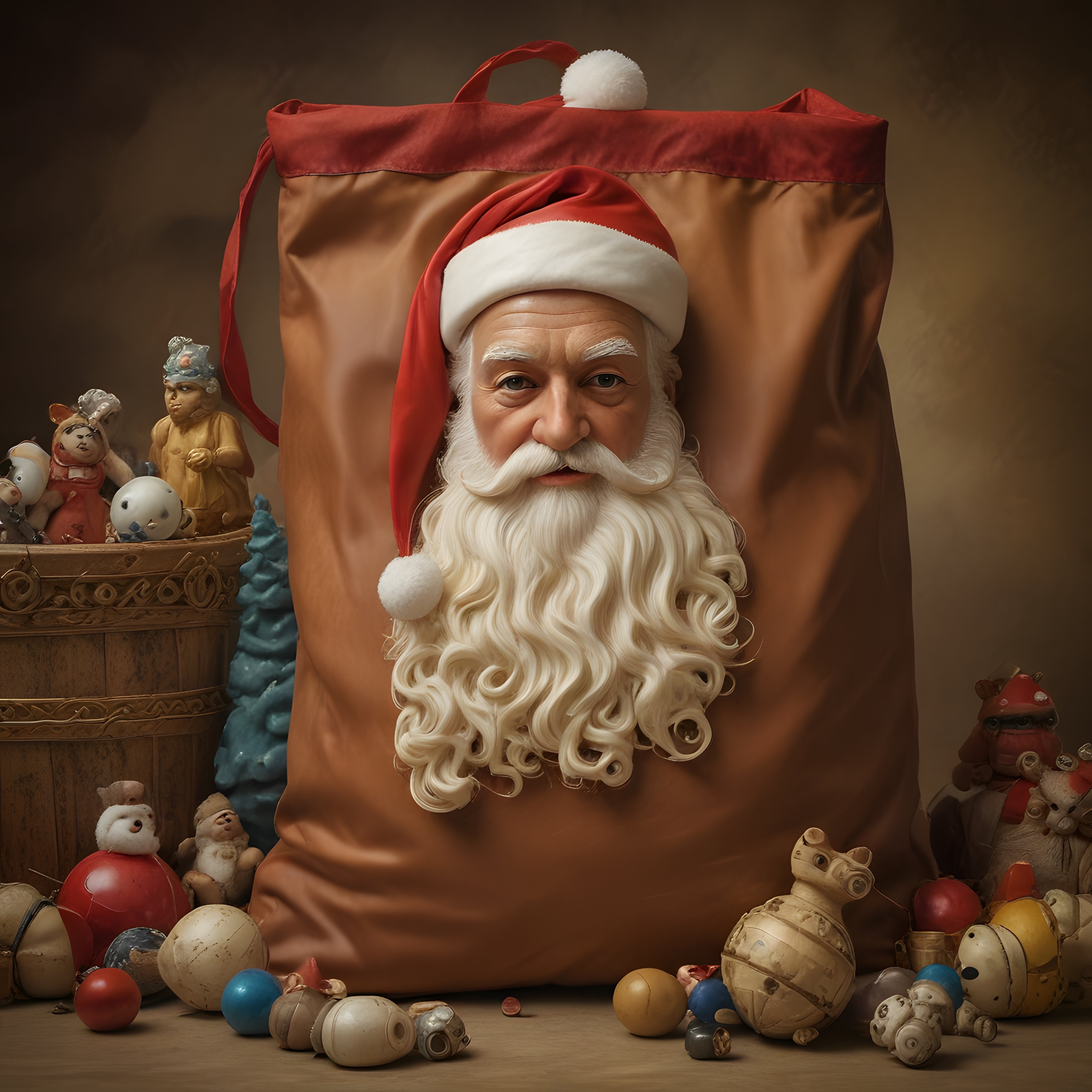 Gerçekçi Noel Baba Figürü ve Eski Oyuncaklarla Vintage Yılbaşı Atmosferi