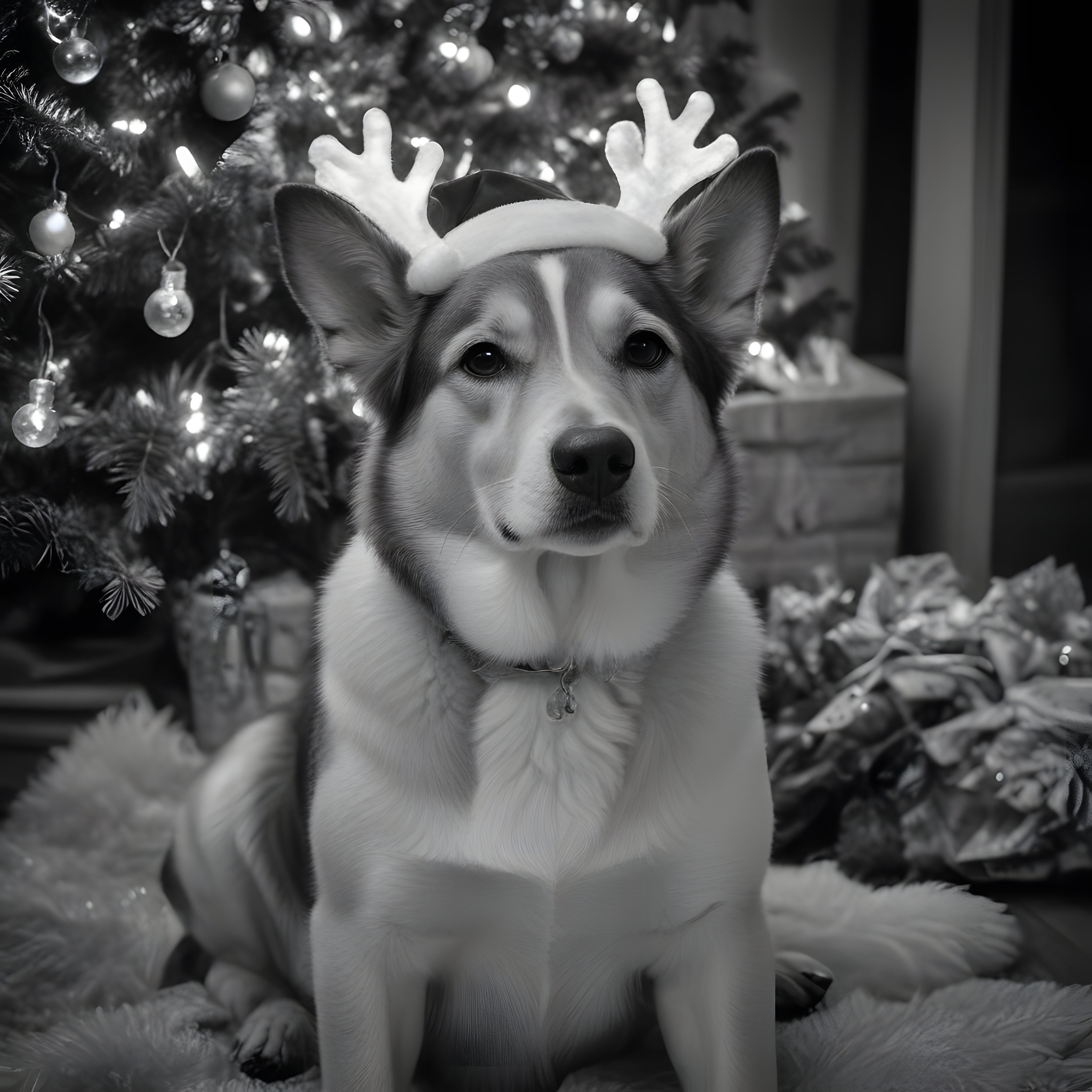Geyik boynuzlu şapkalı köpek ve süslenmiş noel ağacı siyah beyaz kare