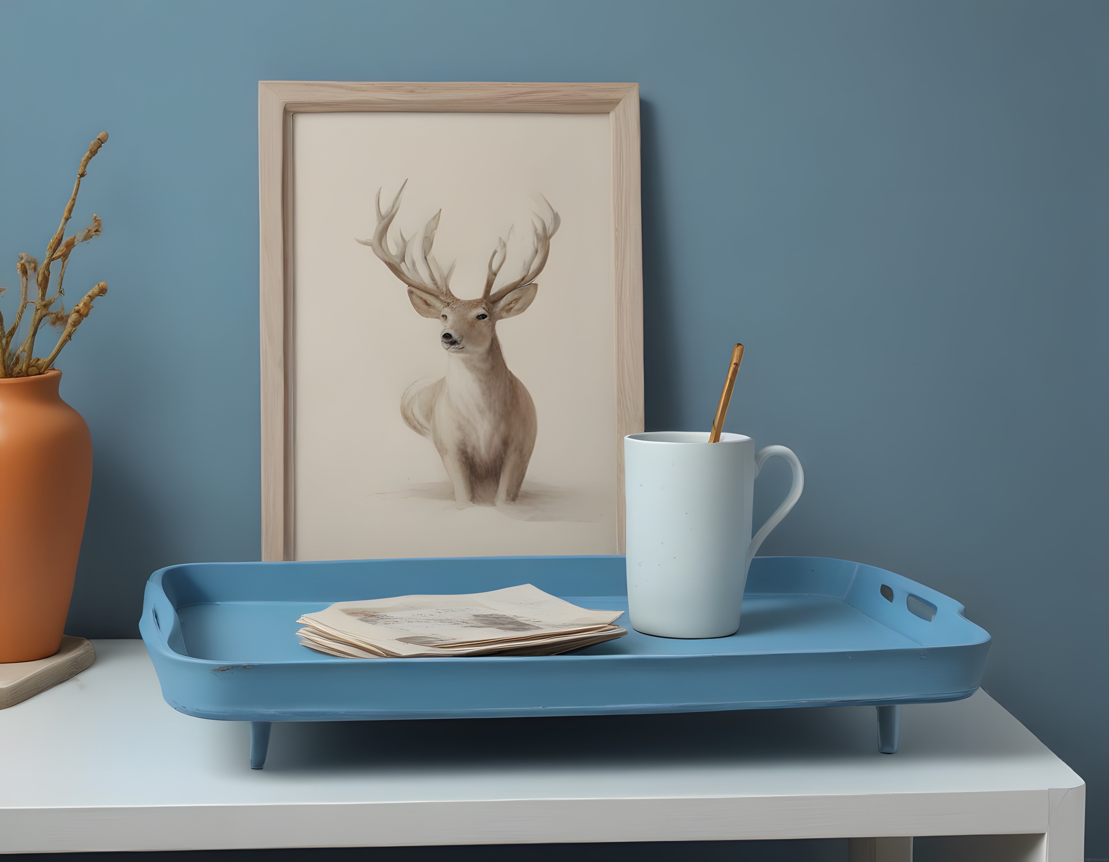 Geyik tablolu modern dekor; mavi tepside minimal düzen ve kuru çiçek
