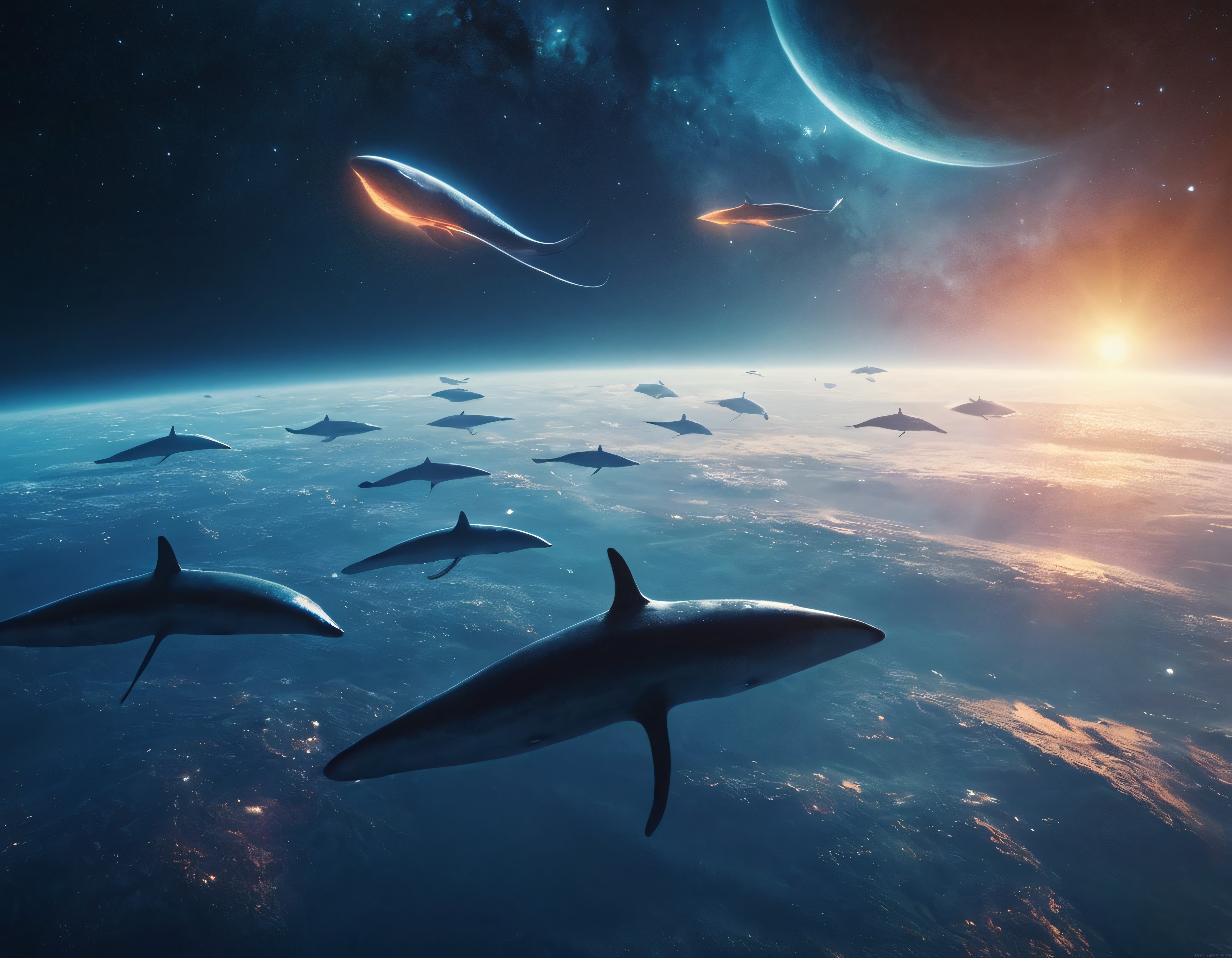 gezegen atmosferi üzerinde süzülen dev uzay balinaları ve kozmik manzara