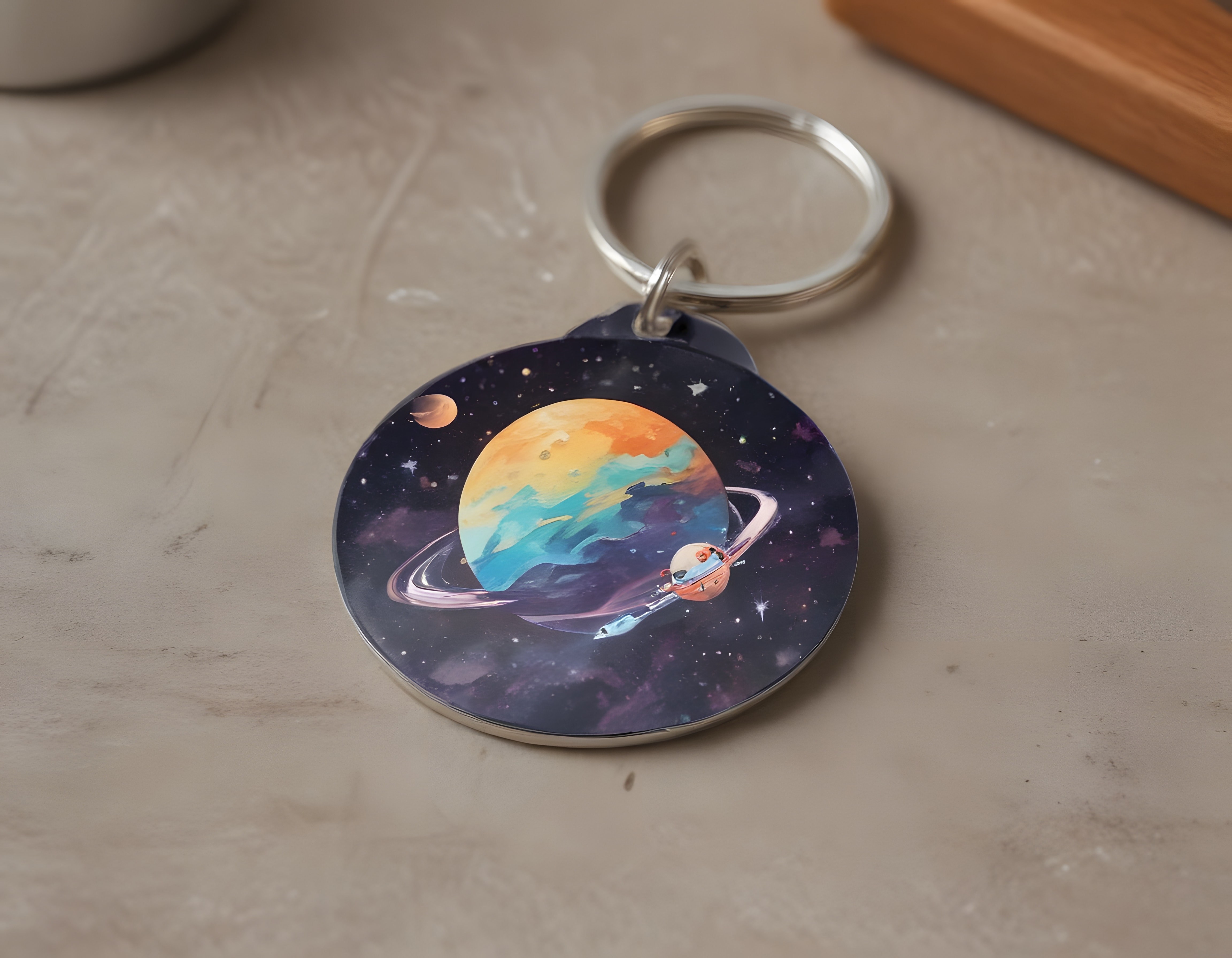gezegen ve astronot illüstrasyonlu özel tasarım metal anahtarlık