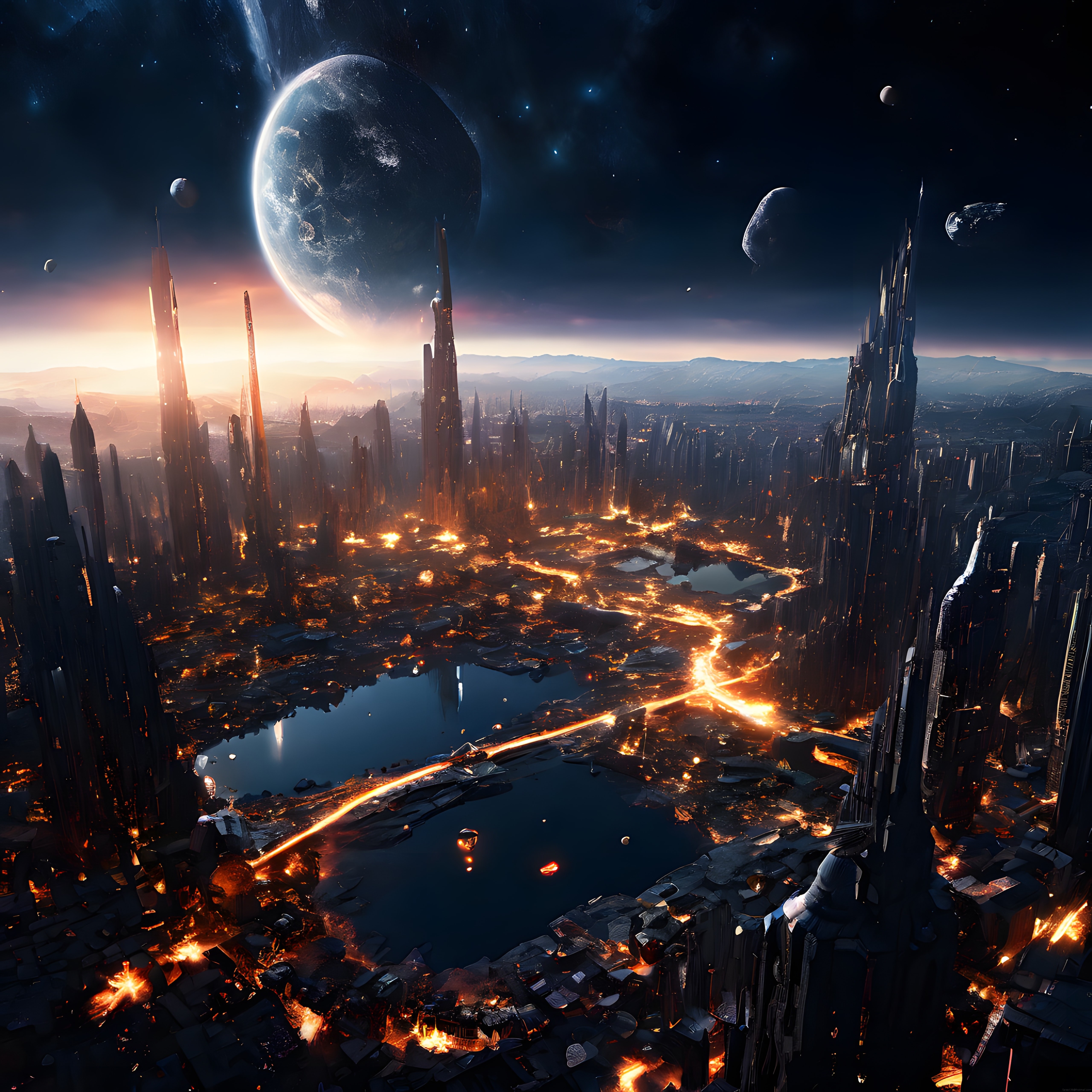Gezegenlerin Gölgesindeki Geleceğin Megapolis Şehri ve Uzay Manzarası