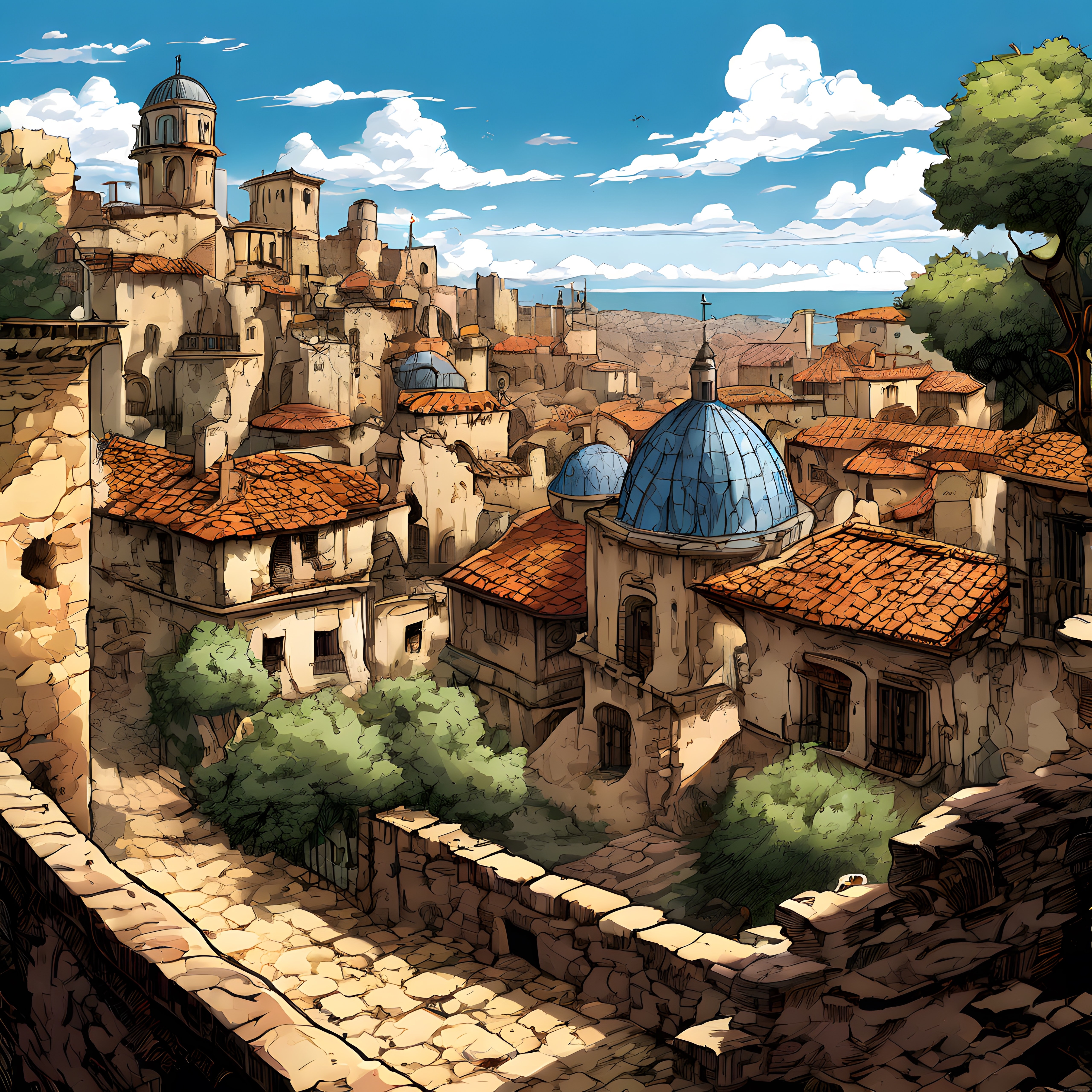 Ghibli Esintili Tarihi Akdeniz Kasabası Kiremit Çatılar ve Deniz Manzarası