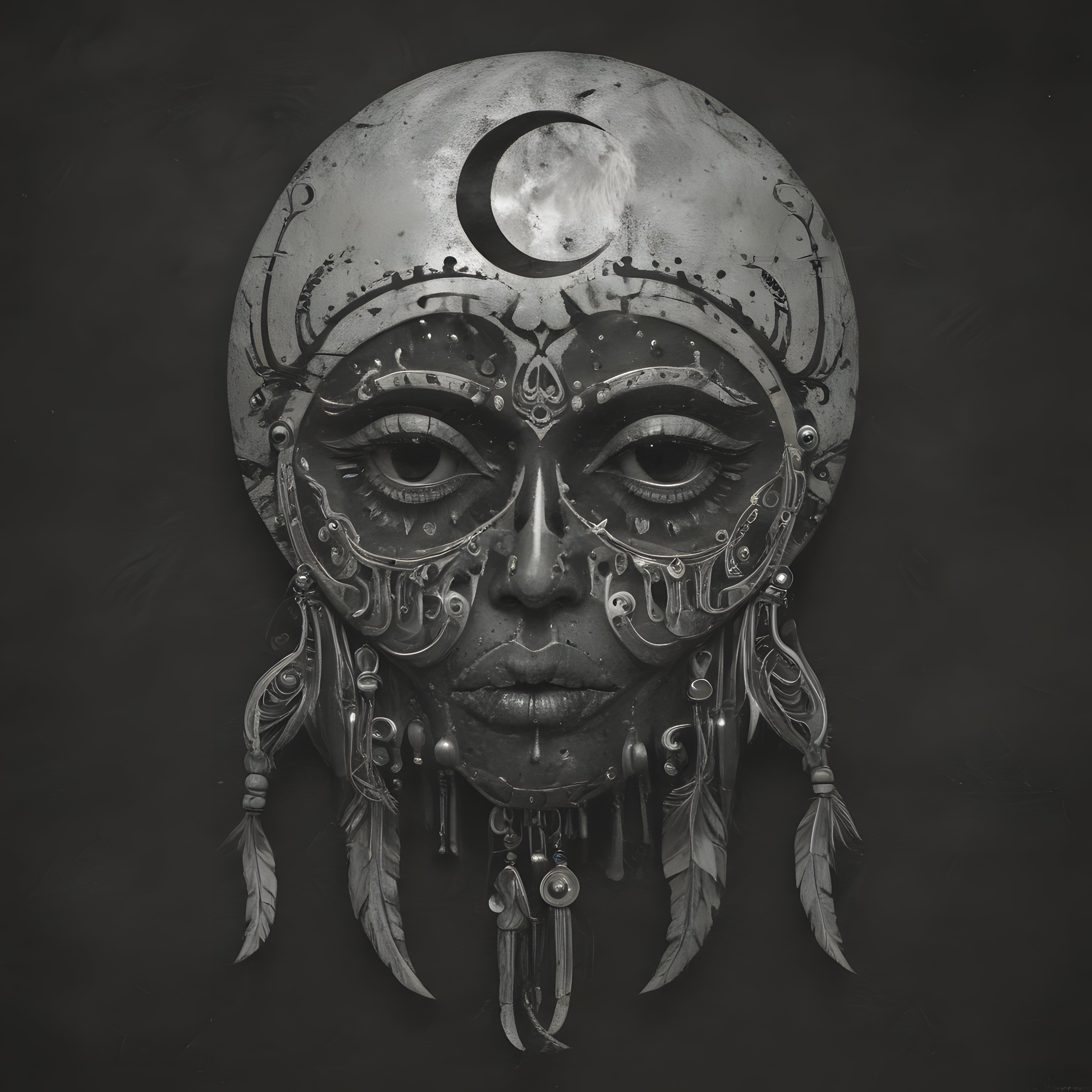 Gizemli Ay Hilali ve Tüy Süslemeli Dijital Metal Maske Sanat Eseri