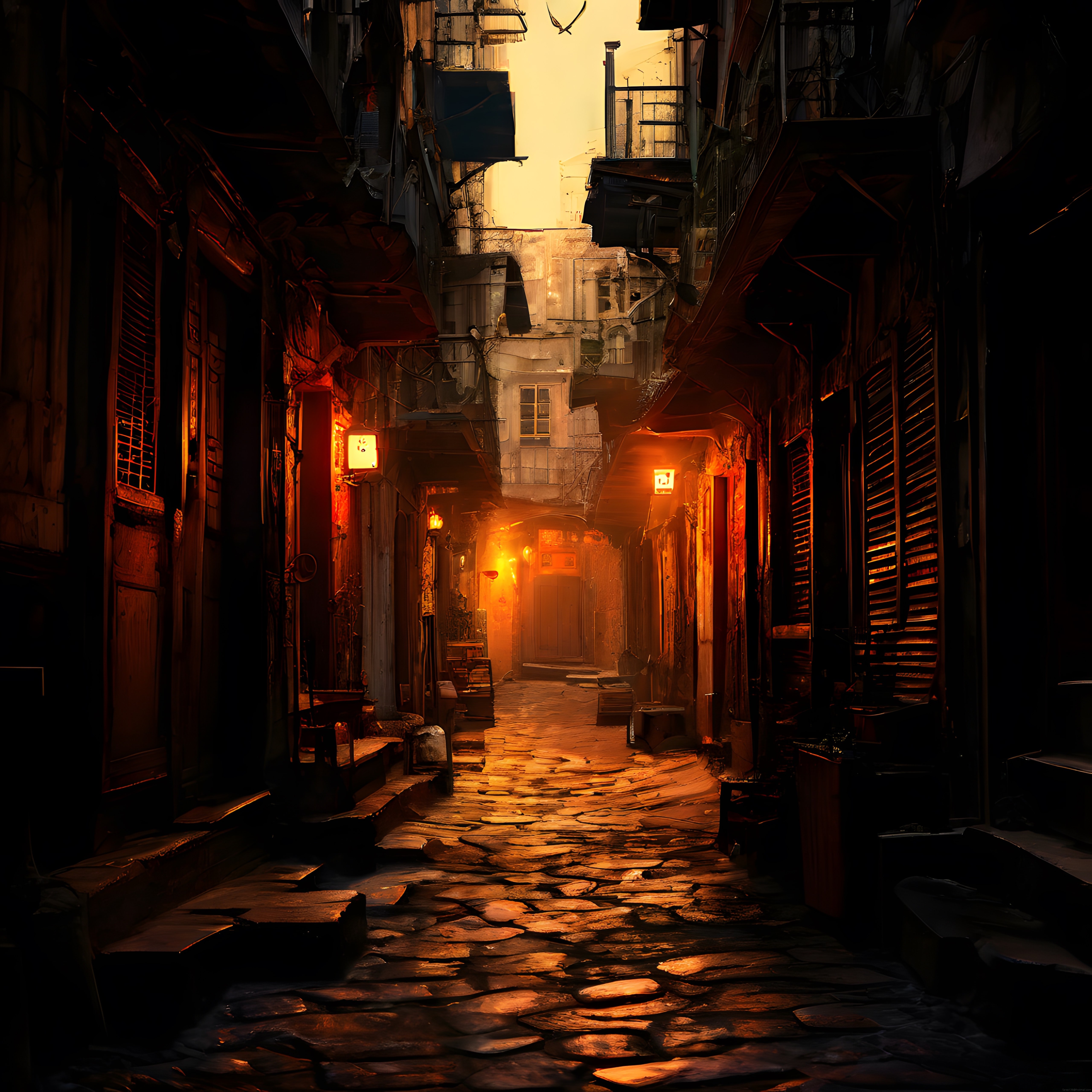 Gizemli Bir Eski Sokakta Gece: Amber Işıklar ve Islak Taşlarla Dolu Aralık Gizemli Bir Eski Sokakta Gece: Amber Işıklar ve Islak Taşlarla Dolu Aralık