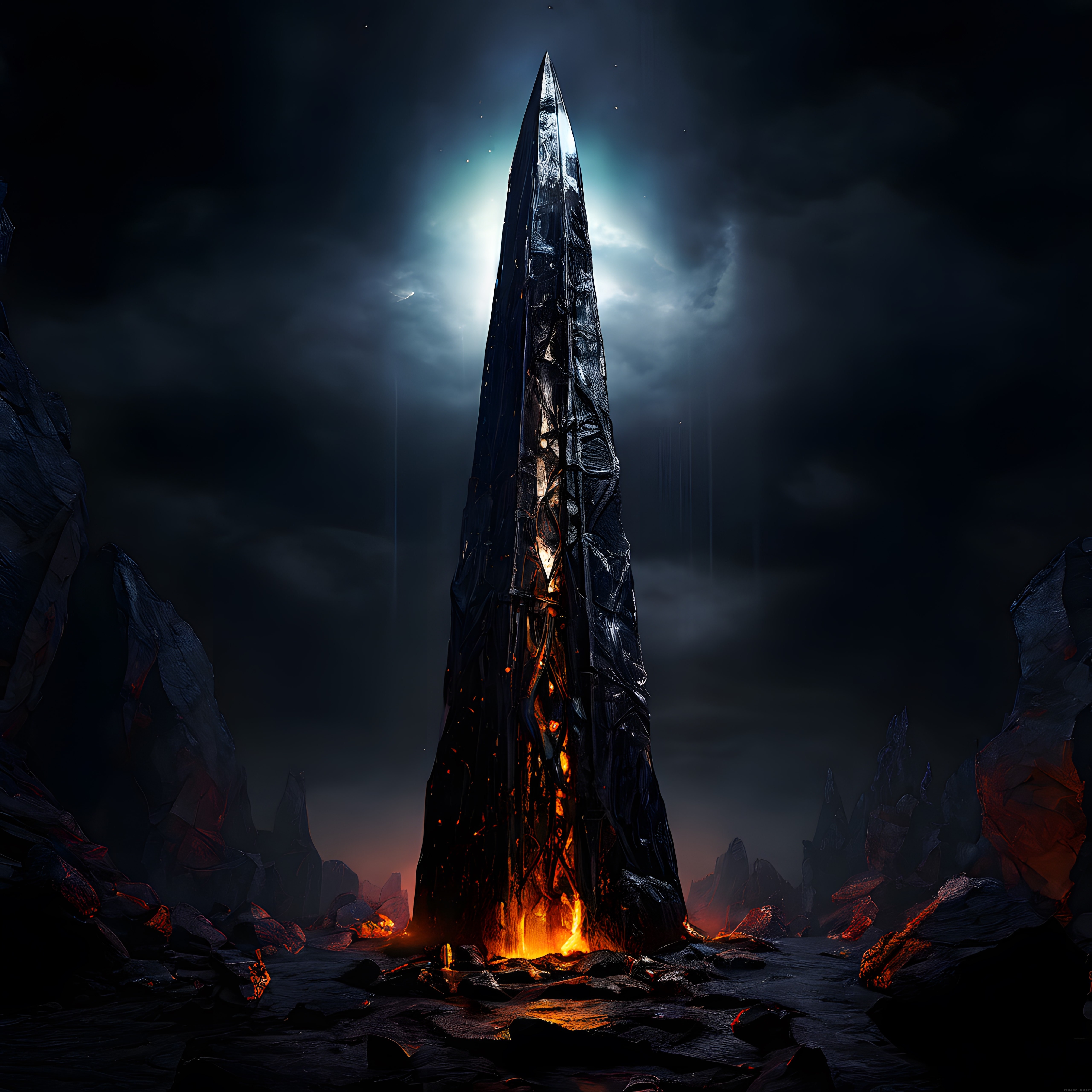 Gizemli Bir Gezegende Volkanik Zeminden Yükselen Obsidyen Kristal Obelisk