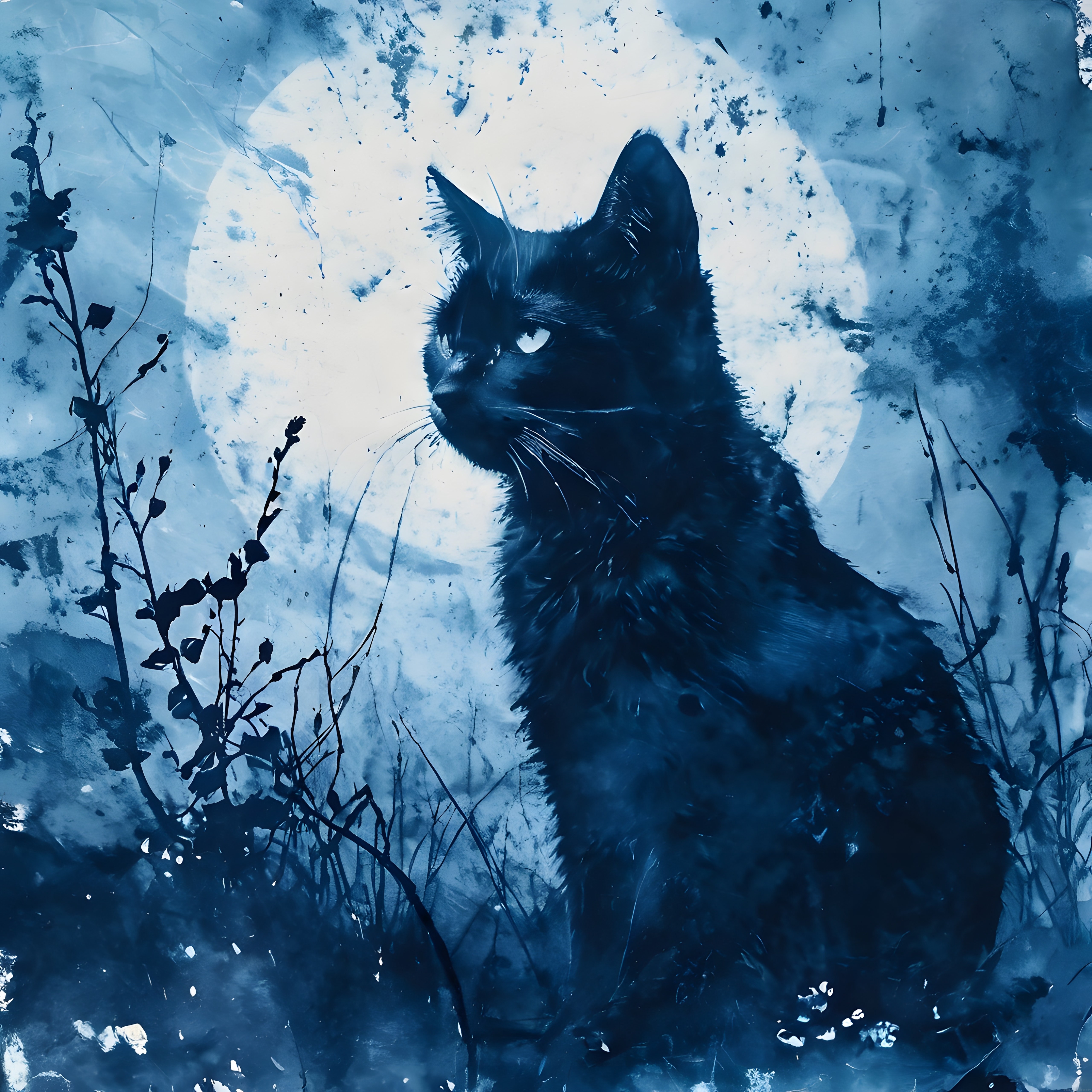 Gizemli Dolunay Işığında Siyah Kedi ve Sanatsal Gece Manzarası