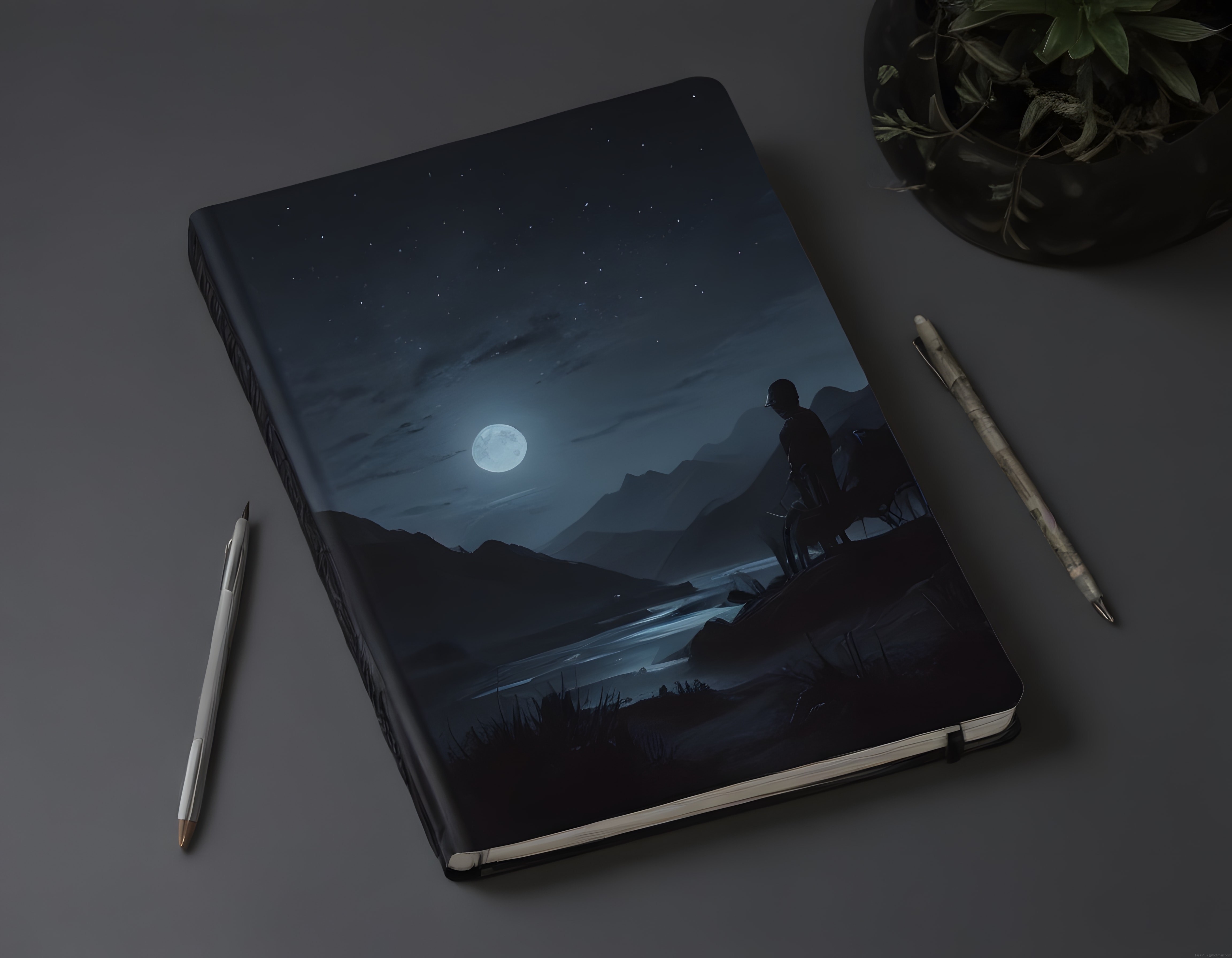 Gizemli Dolunaylı Gece Manzaralı Defter ve Minimal Masa Düzeni Stok Fotoğrafı