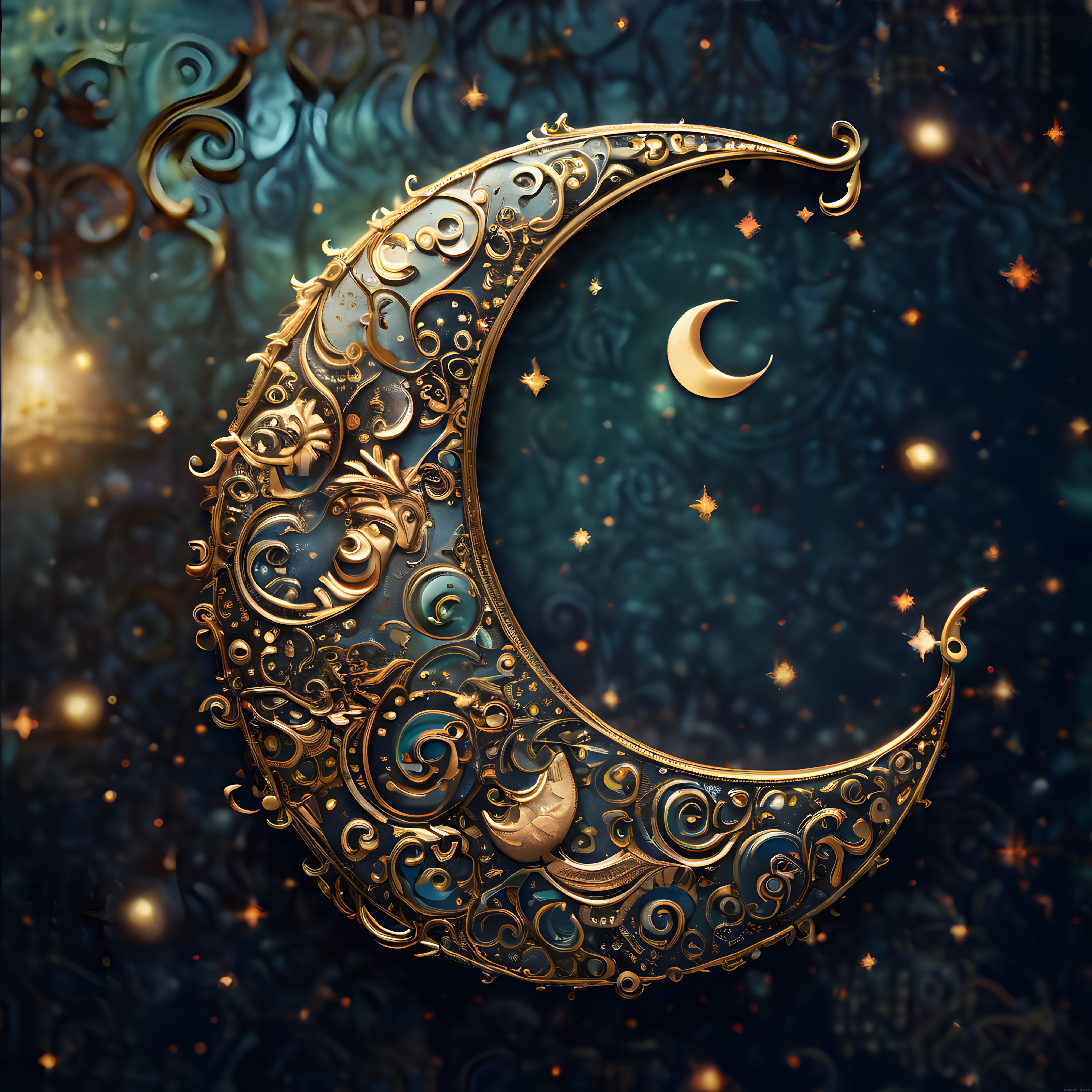 Gizemli Gece Hilali: Altın Detaylı Fantastik Ay Dijital Sanat Eseri