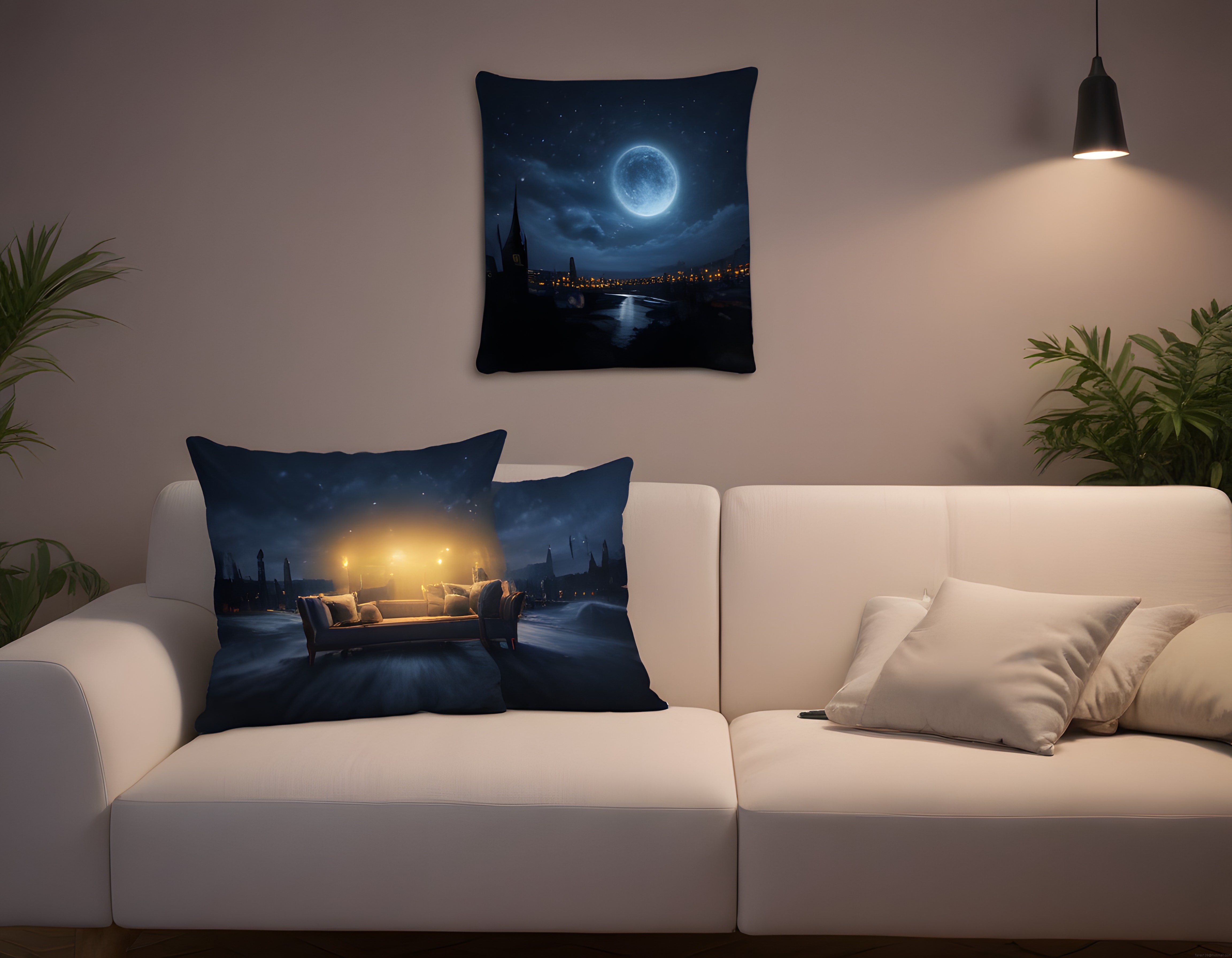 Gizemli Gece Manzaralı Dekoratif Yastıklarla Büyülü Oturma Odası Atmosferi