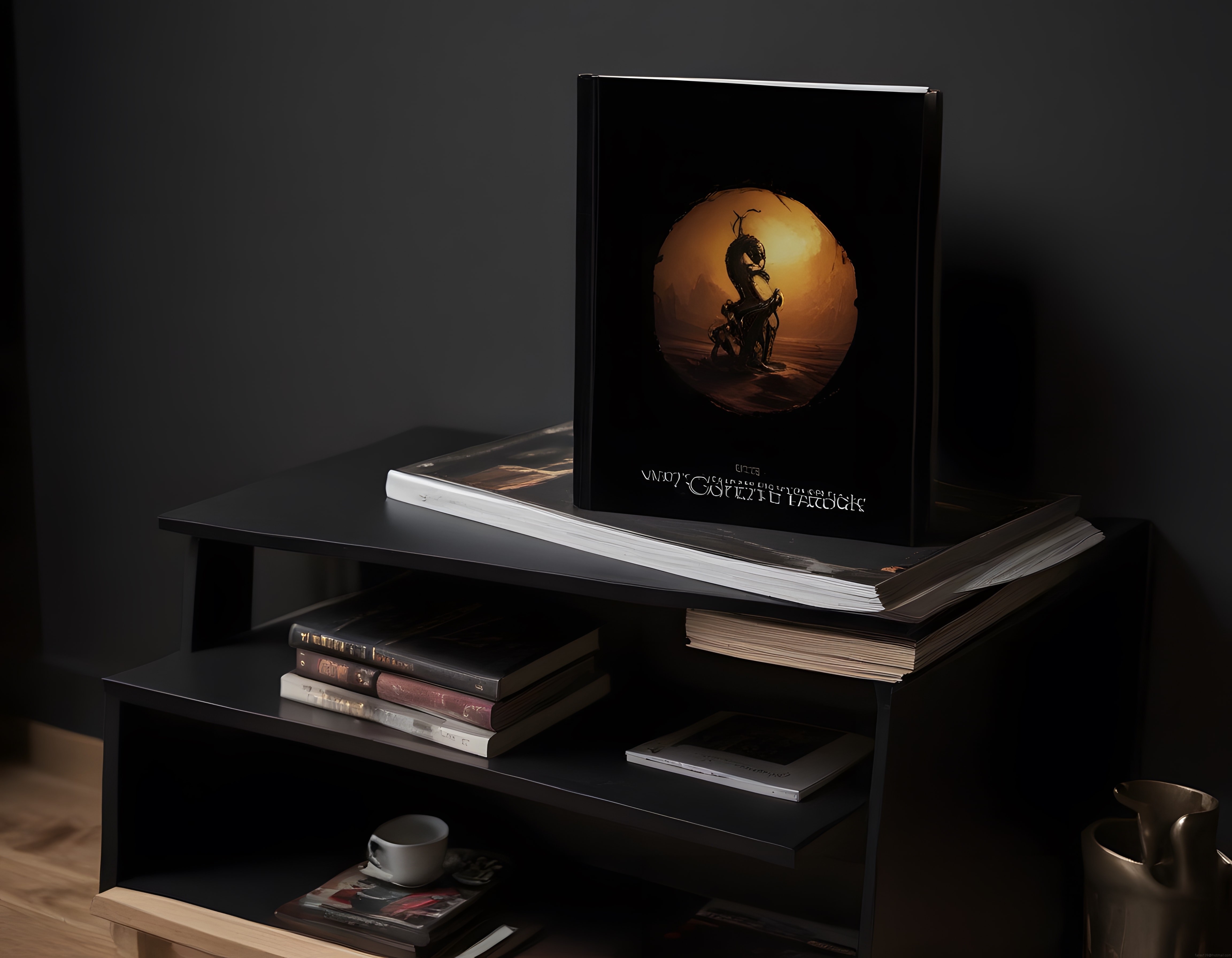 Gizemli Işıkta Modern Kitaplık Düzenlemesi ve Fantastik Kitap Kapağı