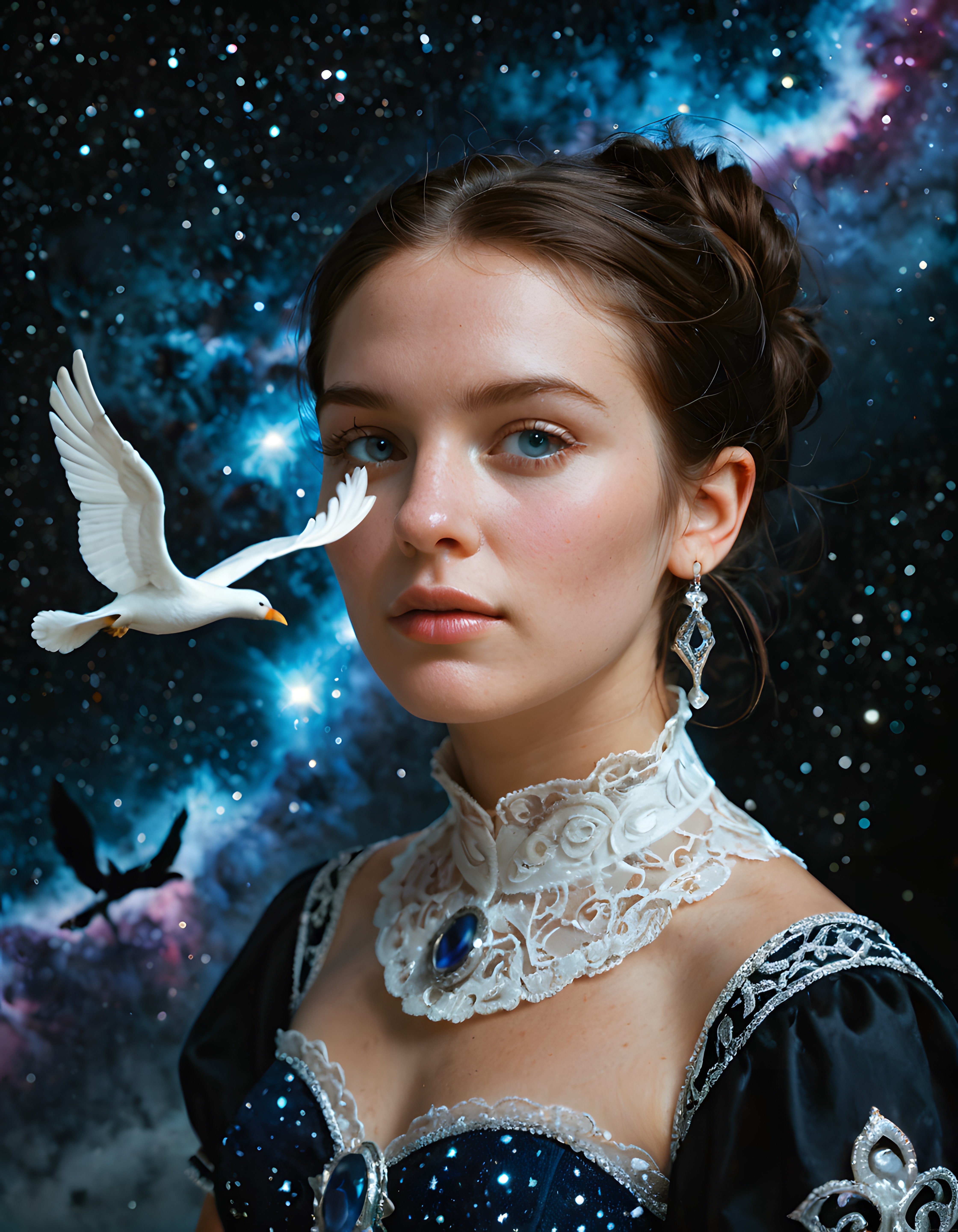 Gizemli Kadın Portresi: Galaksi Arka Planında Fantastik Dijital Sanat