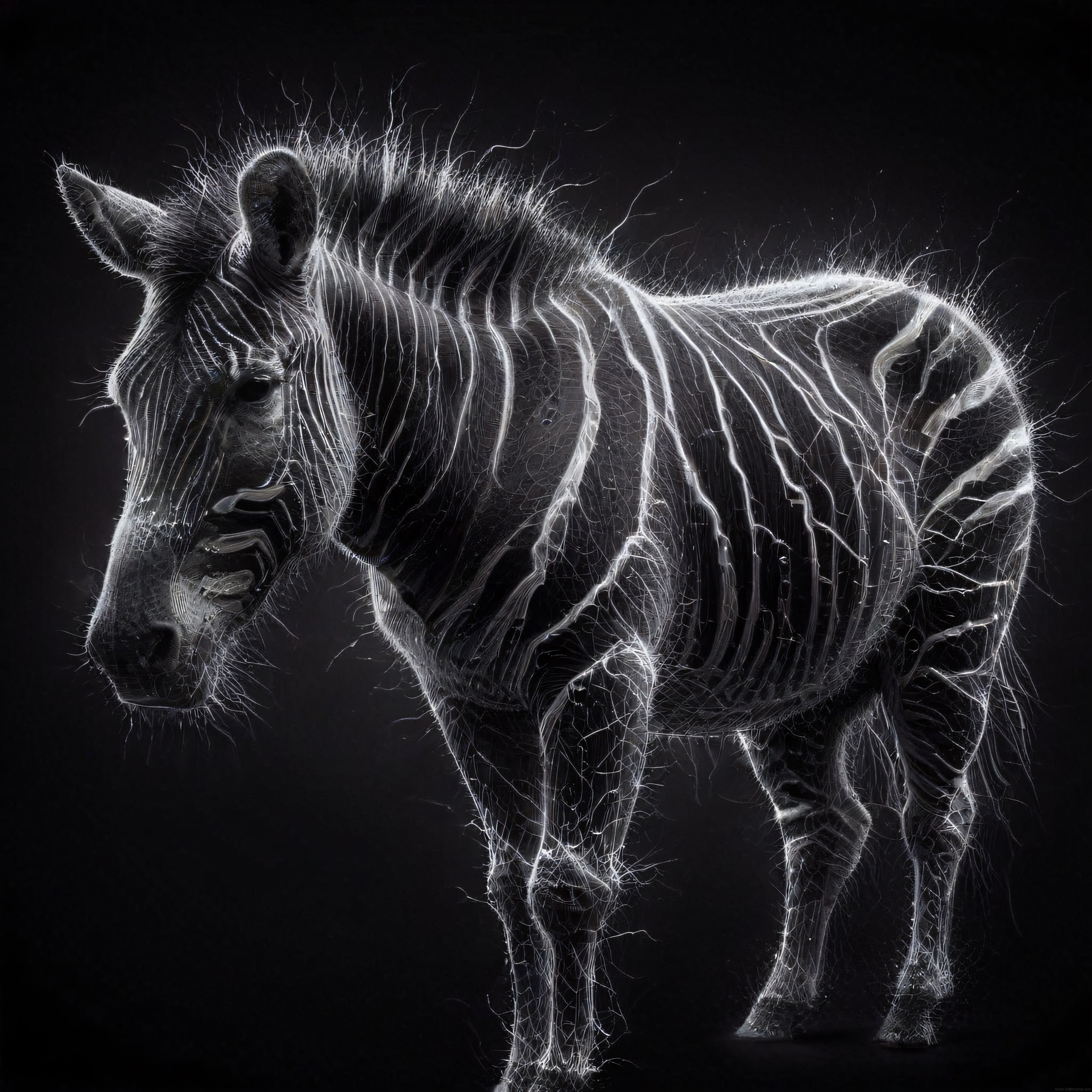 Gizemli Karanlıkta Parlak Tel Dokusuyla Şekillenen Sanatsal Zebra Figürü