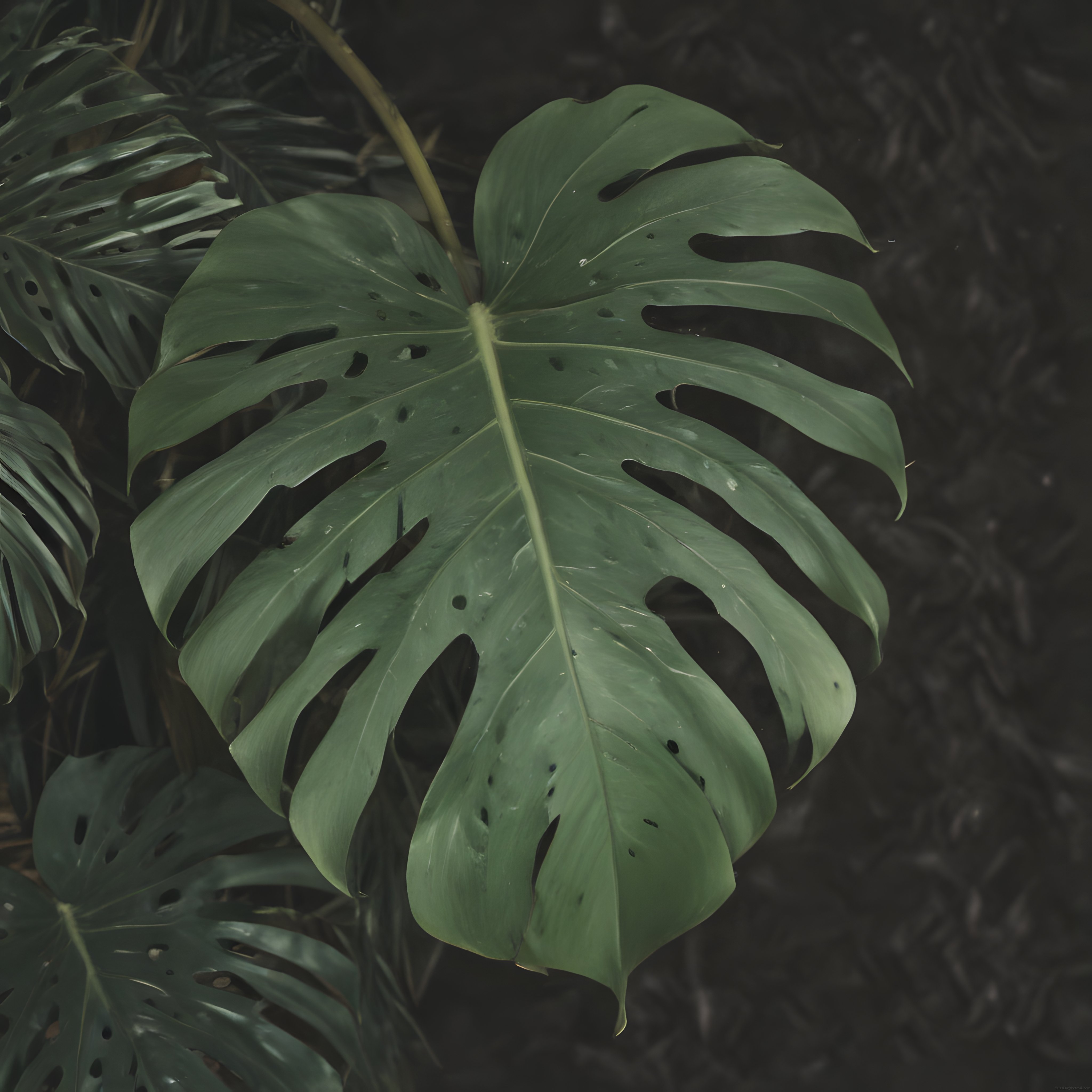 Gizemli Koyu Yeşil Orman Atmosferinde Büyük Monstera Yaprağı Yakın Plan