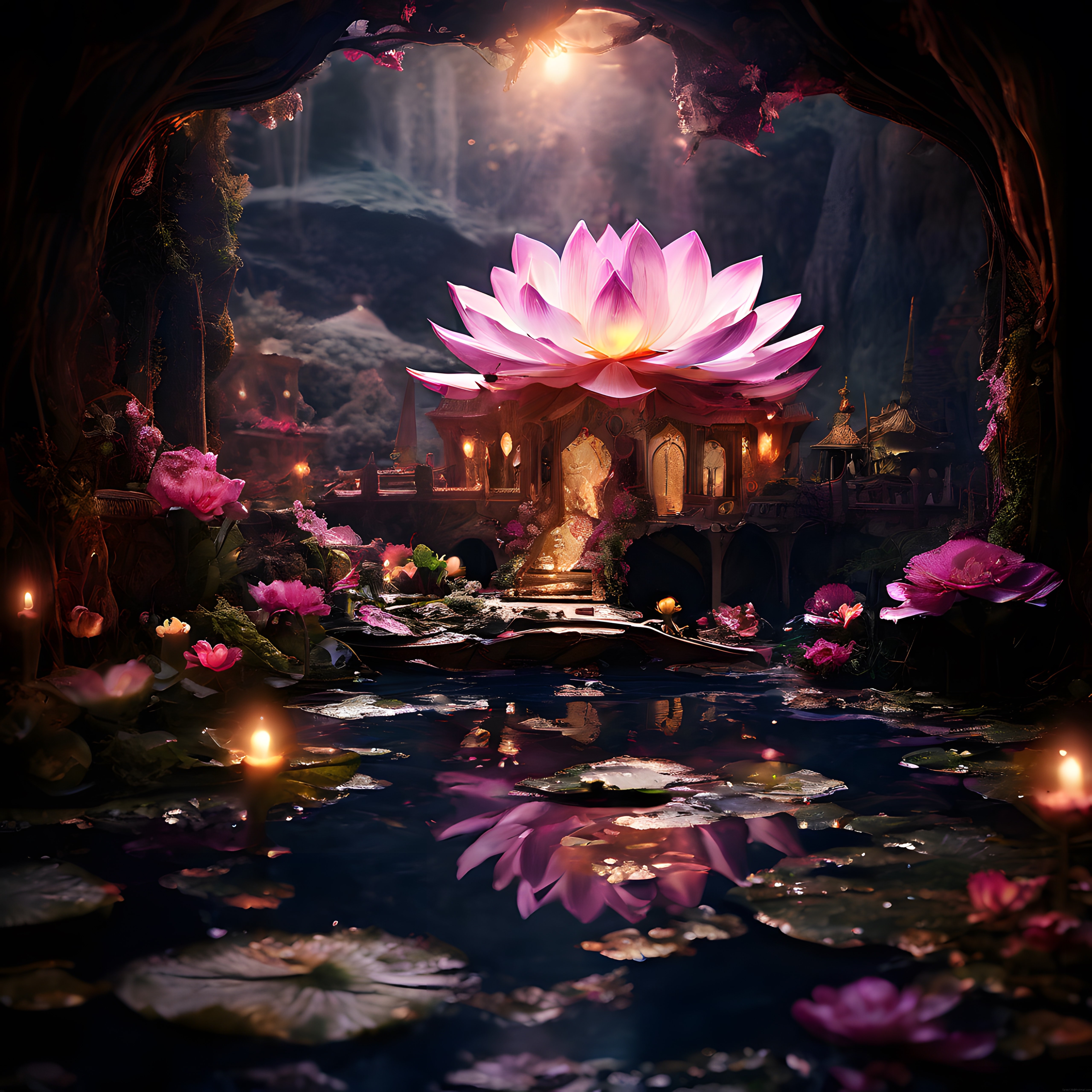 Gizemli Lotus Tapınağı: Mistik Sularda Işıldayan Fantastik Dijital Sanat Eseri