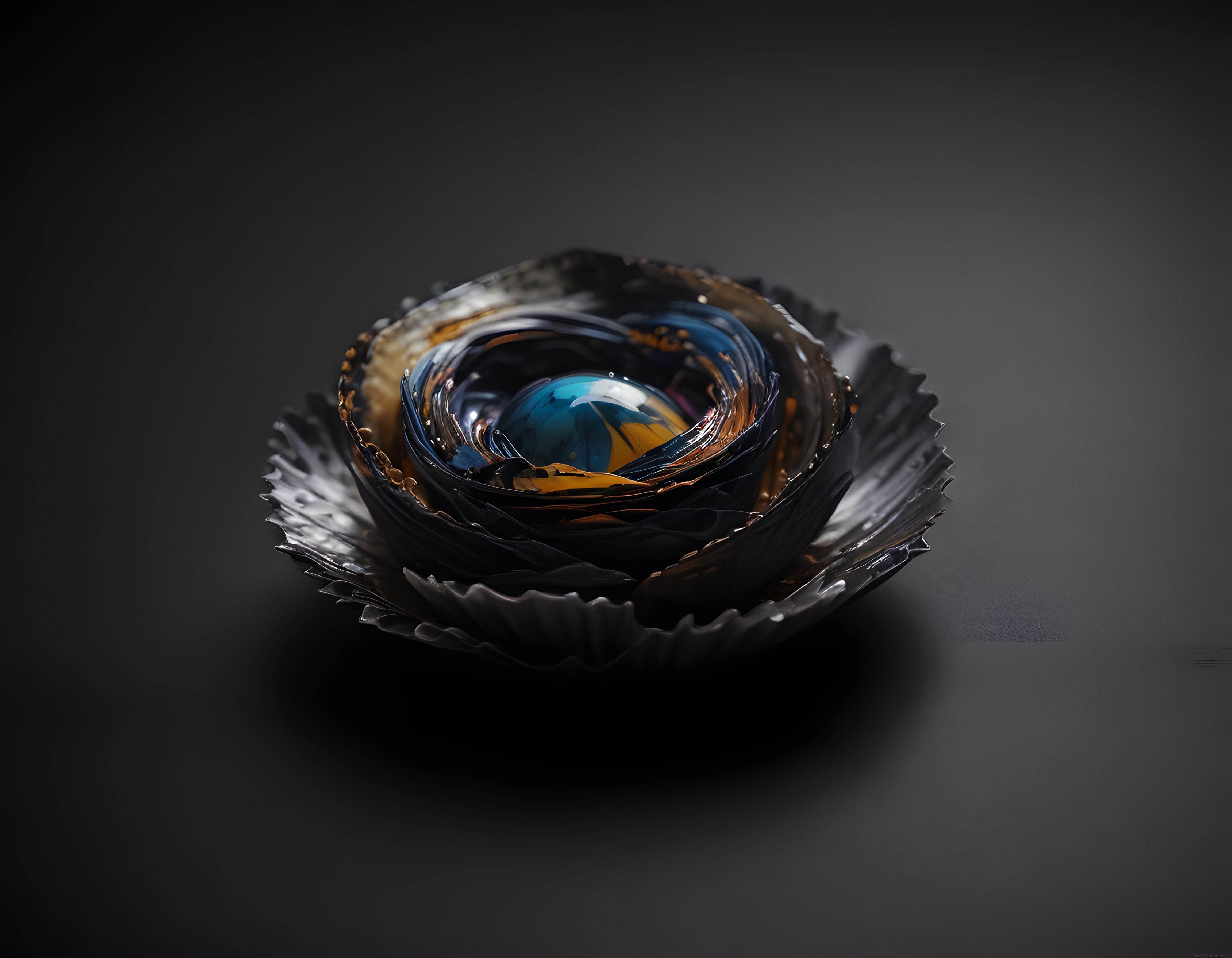 Gizemli Metalik Çiçek Formunda Abstrakt 3D Dijital Sanat Eseri